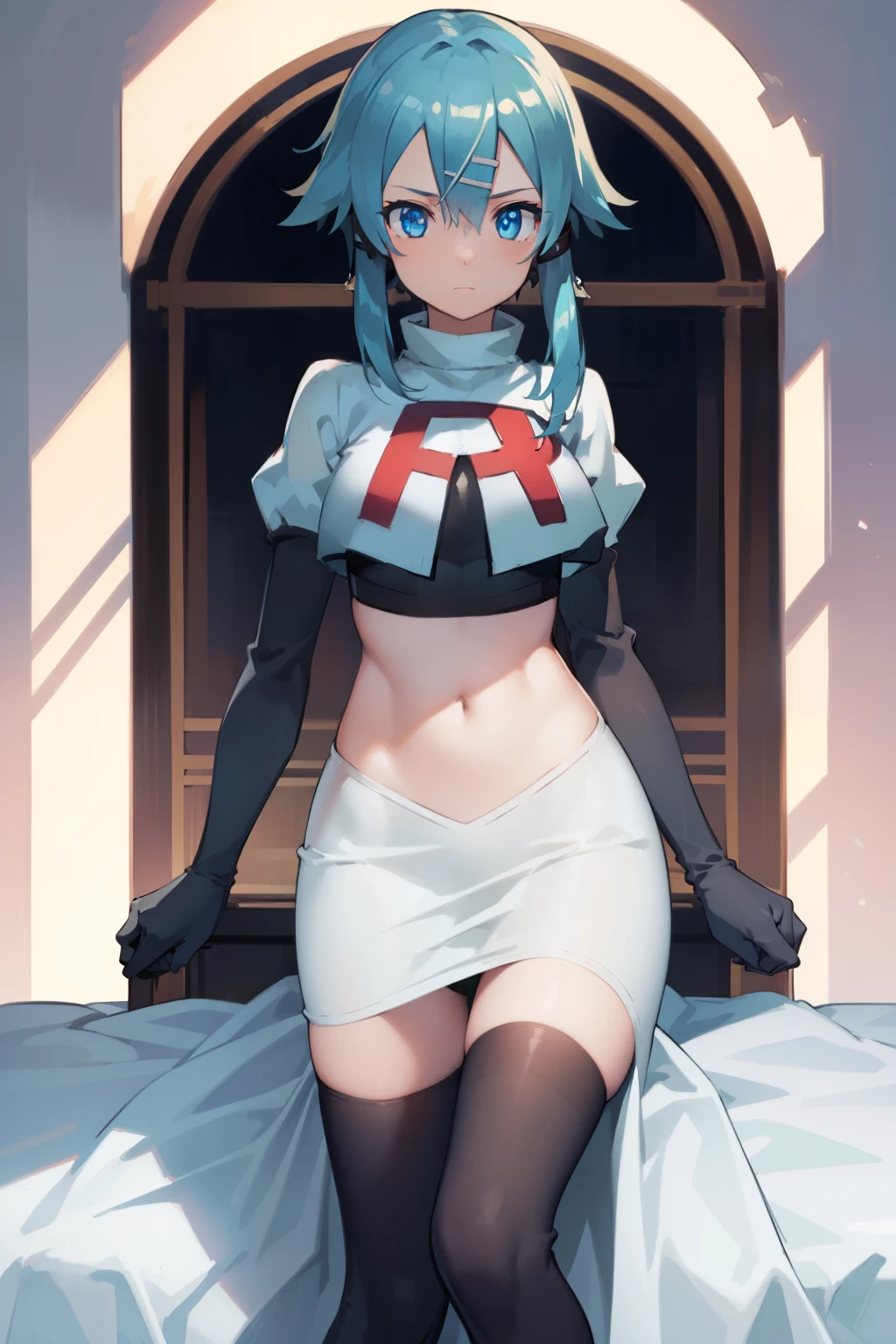 masterpiece, best quality, highres, 1girl, sinon1, hair ornament, hairclip, team rocket,team rocket uniform,white skirt,red letter R,crop top,black thigh-highs,black elbow gloves, BREAK (masterpiece:1.2), best quality, high resolution, unity 8k wallpaper, (illustration:0.8), (beautiful detailed eyes:1.6), extremely detailed face, perfect lighting, extremely detailed CG, (perfect hands, perfect anatomy)
