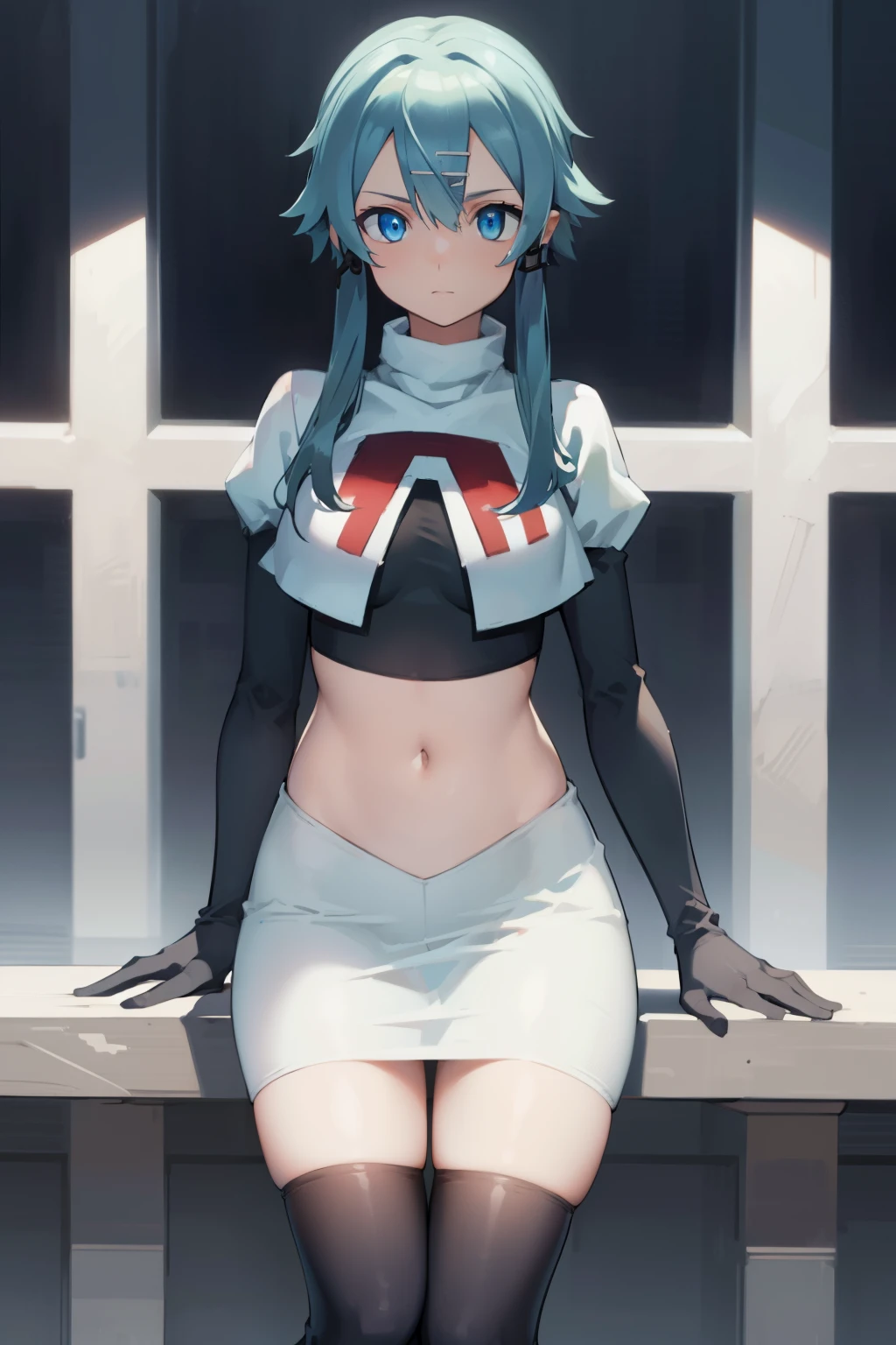 masterpiece, best quality, highres, 1girl, sinon1, hair ornament, hairclip, team rocket,team rocket uniform,white skirt,red letter R,crop top,black thigh-highs,black elbow gloves, BREAK (masterpiece:1.2), best quality, high resolution, unity 8k wallpaper, (illustration:0.8), (beautiful detailed eyes:1.6), extremely detailed face, perfect lighting, extremely detailed CG, (perfect hands, perfect anatomy)