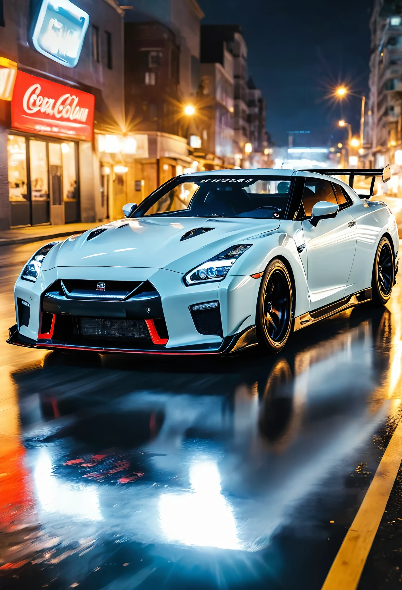 Concept Nissan GTR, (((drifting))), hyper realistic, (((🌆))), light trails, high speed chase, maximum speed, light trails, smoke, cinematic, street view, at night, a dramatic, intense setting, (((extreme parallax motion blur))),