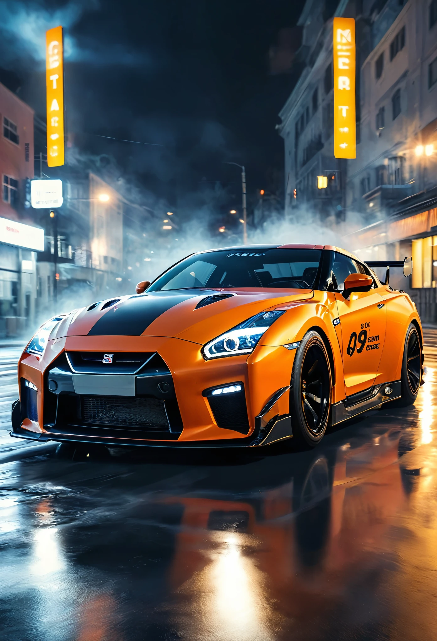 Concept Nissan GTR, (((drifting))), hyper realistic, (((🌆))), light trails, high speed chase, maximum speed, light trails, smoke, cinematic, street view, at night, a dramatic, intense setting, (((extreme parallax motion blur))),