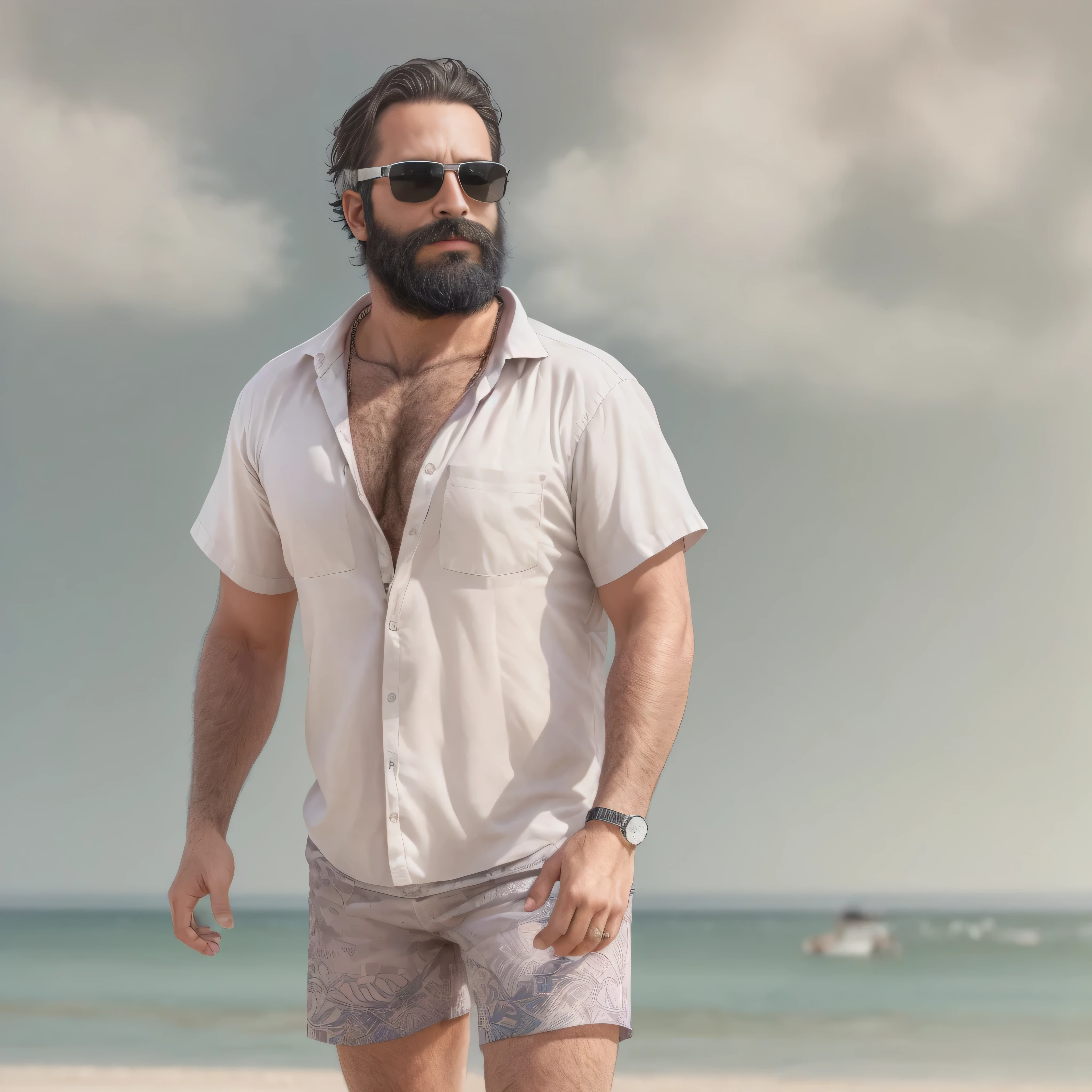 primer plano, create an image of a 38-year-old man with a beard and a lot of chest hair. He is wearing sunglasses. The man should have a confident and relaxed expression. The scene is a sunny beach with clear blue skies, soft white sand, and gentle waves in the background. The man is standing near the shoreline with the ocean behind him. He is dressed in casual beach attire, such as swim trunks and flip-flops. The image should be of the highest quality, with textured skin and realistic details.