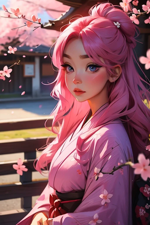 A pink haired woman with violet eyes with an hourglass figure in a kimono is blushing underneath a cherry blossom