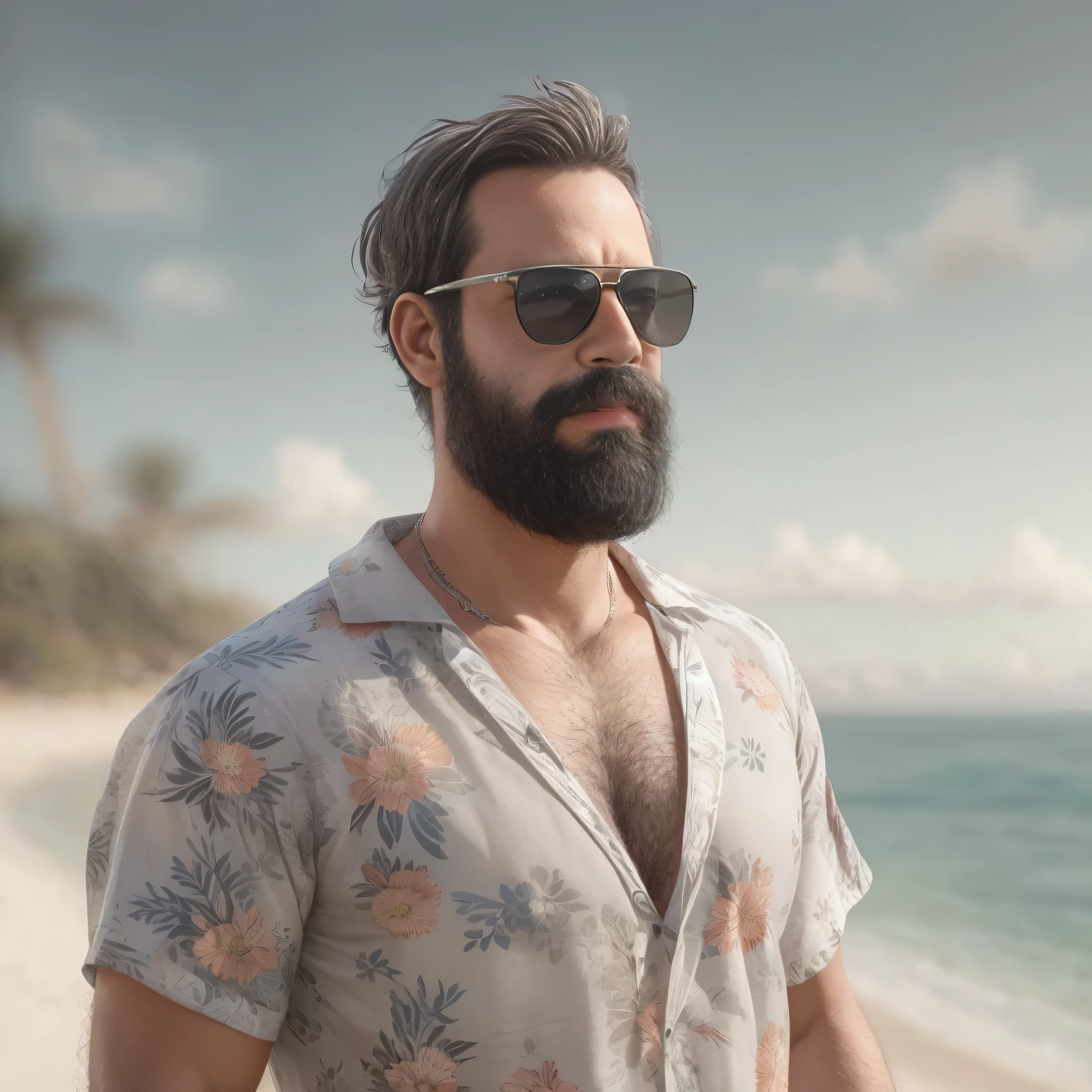 primer plano, create an image of a 38-year-old man with a beard and a lot of chest hair. He is wearing sunglasses. The man should have a confident and relaxed expression. The scene is a sunny beach with clear blue skies, soft white sand, and gentle waves in the background. The man is standing near the shoreline with the ocean behind him. He is dressed in casual beach attire, such as swim trunks and flip-flops. The image should be of the highest quality, with textured skin and realistic details.