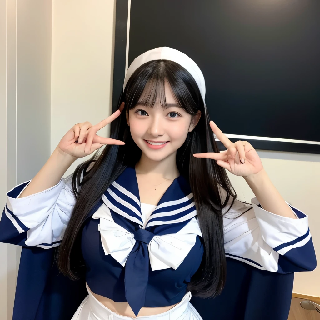 女の子1 person, alone, highest quality, 8k, Japanese women photos, , kindergartenてストレートなBlack Hair,, ((Plump)), ((Big Breasts)),Sailor suit,Sailor suit,, The best smile,Grow eyes, Shining happiness, Caring personality, Sweet feminine aura, Calm but firm attitude, Lightly freckled cheeks, A spirit of warmth and joy, Discreet and perfect for class,Eyes that shine with devotion, a humble and dedicated kindergarten teacher, 1 e the room,超Big Breasts,Big Breasts,Sailor suit,mini skirt,Black HairのストレートLong Hair,Long Hair,Black Hair,17 years old,valley,My chest is abouute pose,Cute pose,Purikura,Purikura,Finger Heart,The whole body was photographed,The whole body was reflected,Leather shoes