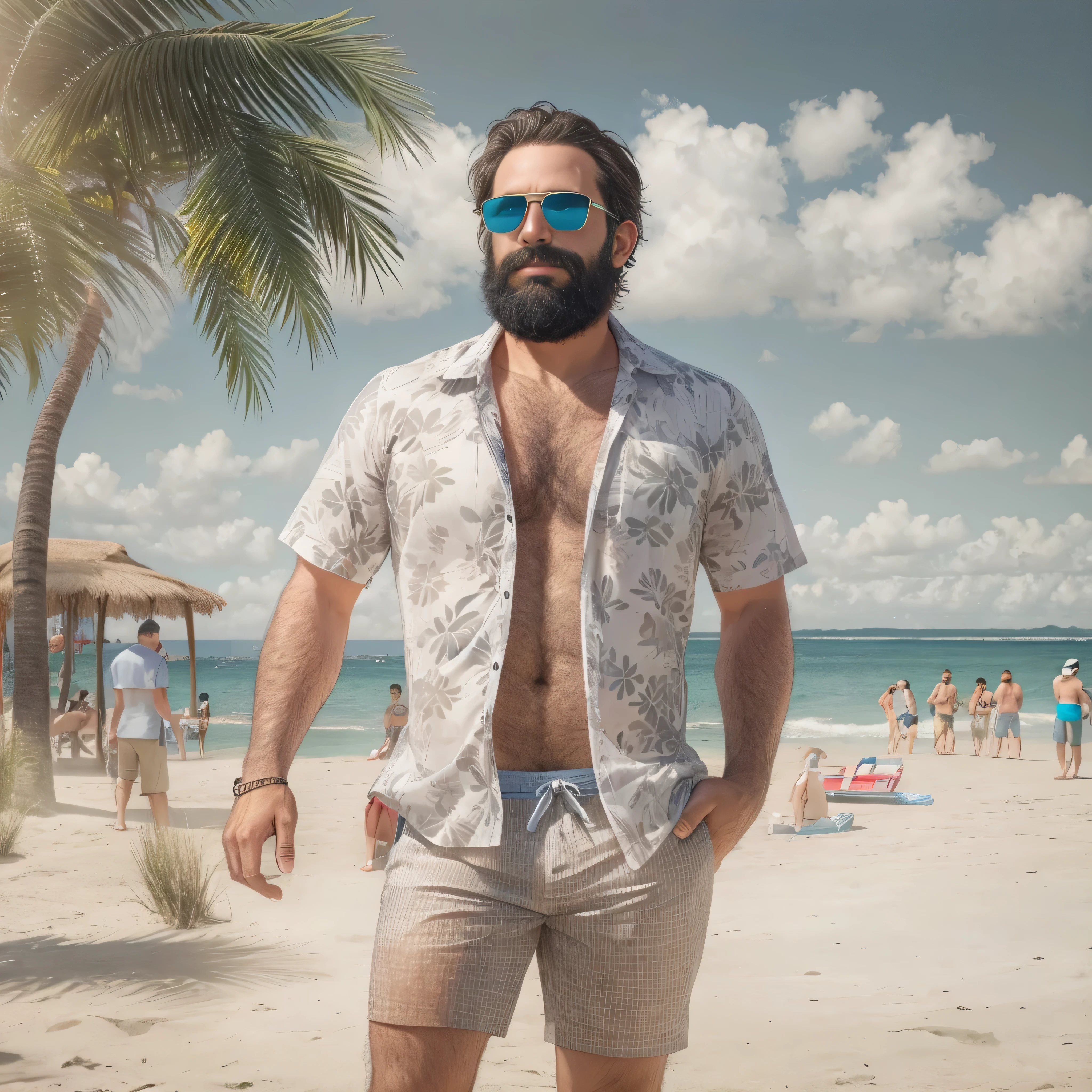 primer plano, create an image of a 38-year-old man with a beard and a lot of chest hair. He is wearing sunglasses. The man should have a confident and relaxed expression. The scene is a sunny beach with clear blue skies, soft white sand, and gentle waves in the background. The man is standing near the shoreline with the ocean behind him. He is dressed in casual beach attire, such as swim trunks and flip-flops. The image should be of the highest quality, with textured skin and realistic details.