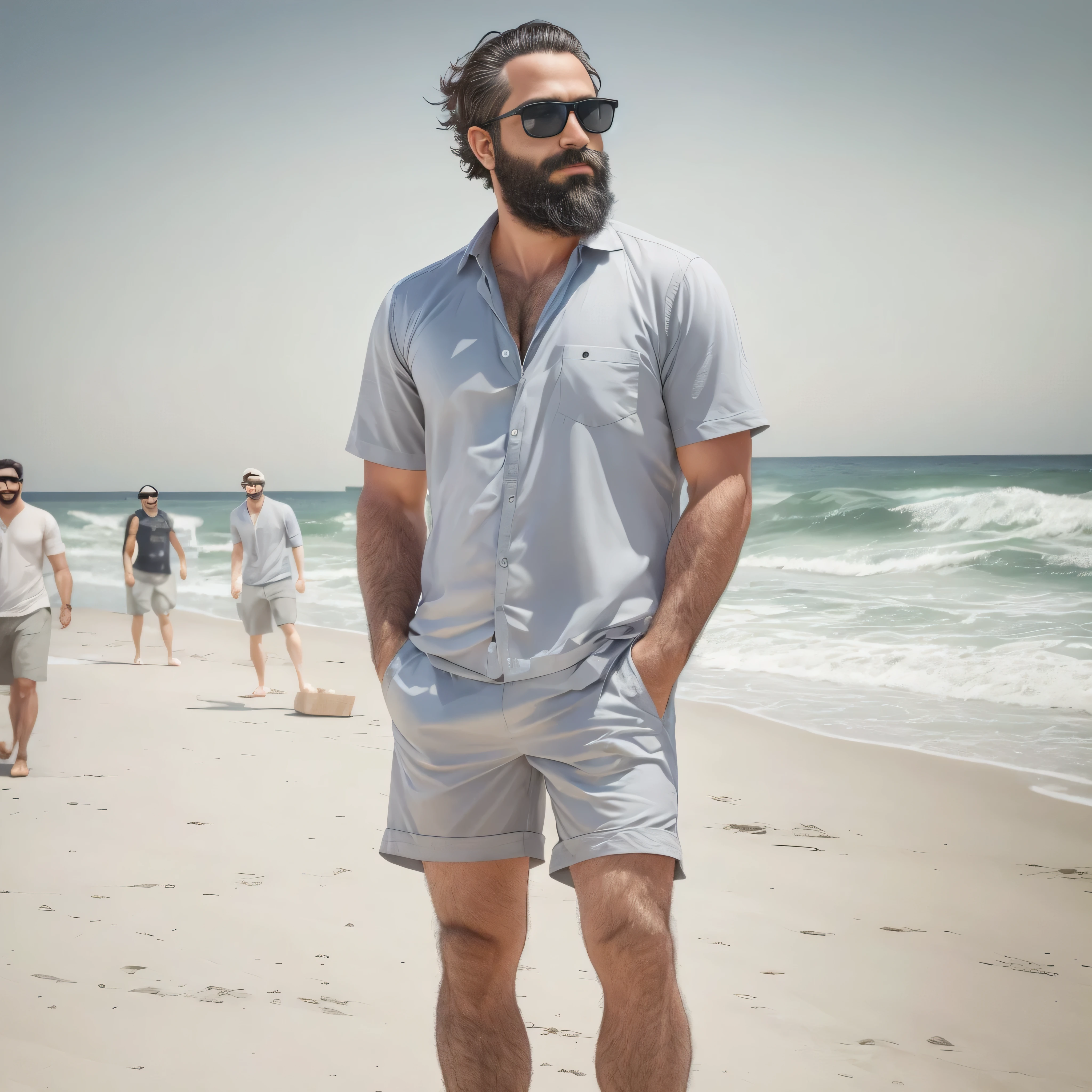 Create an image of a 38-year-old man with a beard and a lot of chest hair. He is wearing sunglasses. The man should have a confident and relaxed expression. The scene is a sunny beach with clear blue skies, soft white sand, and gentle waves in the background. The man is standing near the shoreline with the ocean behind him. He is dressed in casual beach attire, such as swim trunks and flip-flops. The image should be of the highest quality, with textured skin and realistic details.