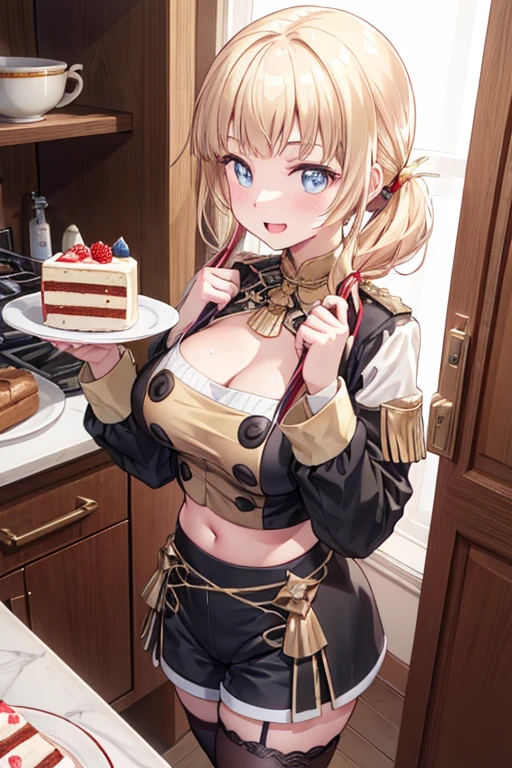 (dynamic angle:1.3, front view:1.1, breast focus:1.3, from above:1.1), (dynamic posing:1.2, sexy posing:1.2), (seductive smiling:1.3), ((looking at cake,Taking a cake out of the golden oven, worried about the outcome:1.2)),highest quality、(real、photorealistic:1.4),(ultra high resolution, 8K RAW photo, clear focus), best qualtiy, natural lighting, field depth, (Bright pupils, detailed beautiful eyes, high detailed face), Red lip, (tight focus:1.2), a girl 22yo old, Wearing a pastry chef uniform:1.3 , Thicc, thin breast, long hair, blue eyes,garter stocking, cleavage:1.2, midriff, black shorts, black thighhighs, thigh strap, pretty girl, (highly detailed beautiful face and eyes,firm breasts),real skin,((black,hair,long pony tail hair)),thin pubic hair,cute,lovely, detailed eyes,(double breasted:1.0,under bust:1.0),(with sparkling eyes and a contagious smile),open mouth, Looking at Viewer,A scene of cooking in the kitchen,looking at the golden oven
