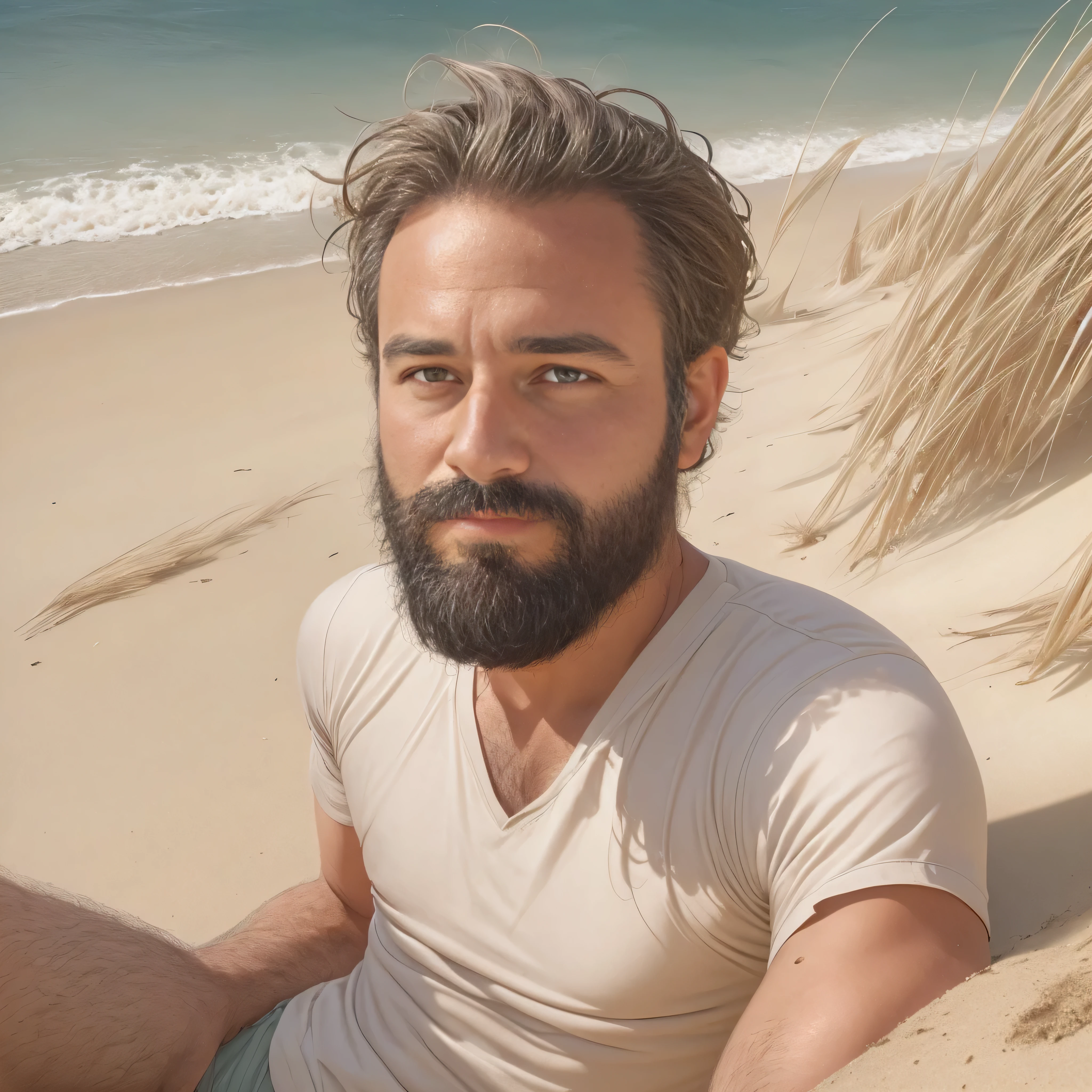 Create an image of a 38-year-old man with a beard, lying on the sand of a beach. The camera angle should be from the feet, focusing on the upper body in a medium shot. The scene should resemble a movie scene, with the man wearing white pants.

Details:

Physical Characteristics:
Age: 38 years old
Beard: Well-groomed
Skin Color: Light tan
Clothing:
Pants: White, casual
Environment:
Location: Sandy beach
Setting: A sunny day with clear blue skies, gentle waves in the background
Additional Elements: Slight breeze ruffling the man's hair, footprints in the sand, beachgoers in the distant background for added realism
The image should be of the highest quality with detailed, textured skin.