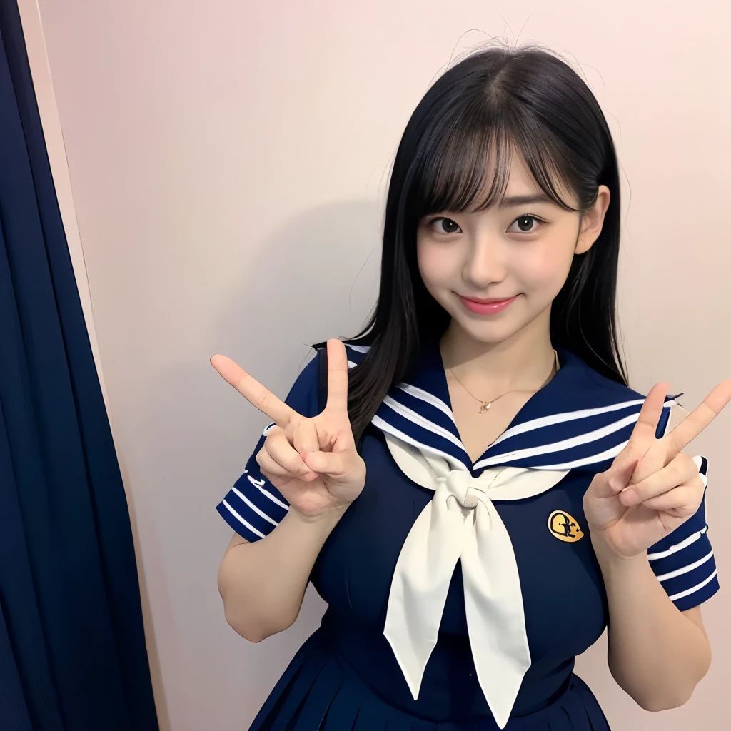 女の子1 person, alone, highest quality, 8k, Japanese women photos, 17 years old, kindergarten teacher, 長くてストレートなBlack Hair,, ((Plump)), ((Big Breasts)),Sailor suit,Sailor suit,, The best smile,Grow eyes, Shining happiness, Caring personality, Sweet feminine aura, Calm but firm attitude, Lightly freckled cheeks, A spirit of warmth and joy, Discreet and perfect for class,Eyes that shine with devotion, a humble and dedicated kindergarten teacher, 1 person,Inside the room,超Big Breasts,Big Breasts,Sailor suit,mini skirt,Black HairのストレートLong Hair,Long Hair,Black Hair,17 years old,valley,My chest is about to burst,Cute pose,Cute pose,Purikura,Purikura,Finger Heart,The whole body was photographed,The whole body was reflected,Leather shoes,Peace sign with both hands