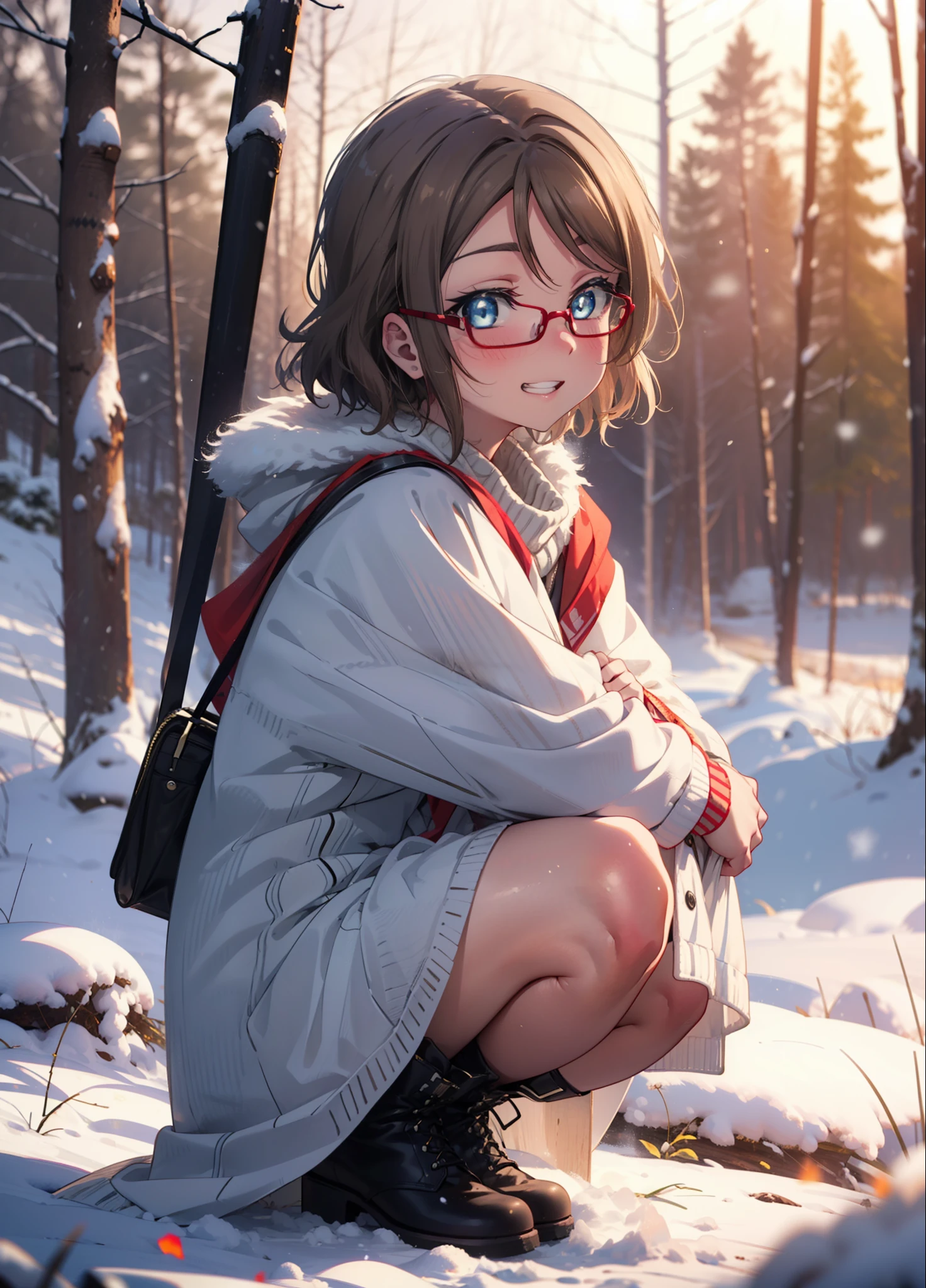 Yo Watanabe, Yu Watanabe, short hair, blue eyes, Brown Hair, smile, Grin,Mid-chest,Black-rimmed glasses,
Open your mouth,snow,Ground bonfire, Outdoor, boots, snowing, From the side, wood, suitcase, Cape, Blurred, having meal, forest, White handbag, nature, Squat, Mouth closed, Cape, winter, Written boundary depth, Black shoes, red Cape break looking at viewer, Upper Body, whole body, break Outdoor, forest, nature, break (masterpiece:1.2), highest quality, High resolution, unity 8k wallpaper, (shape:0.8), (Beautiful and beautiful eyes:1.6), Highly detailed face, Perfect lighting, Highly detailed CG, (Perfect hands, Perfect Anatomy),