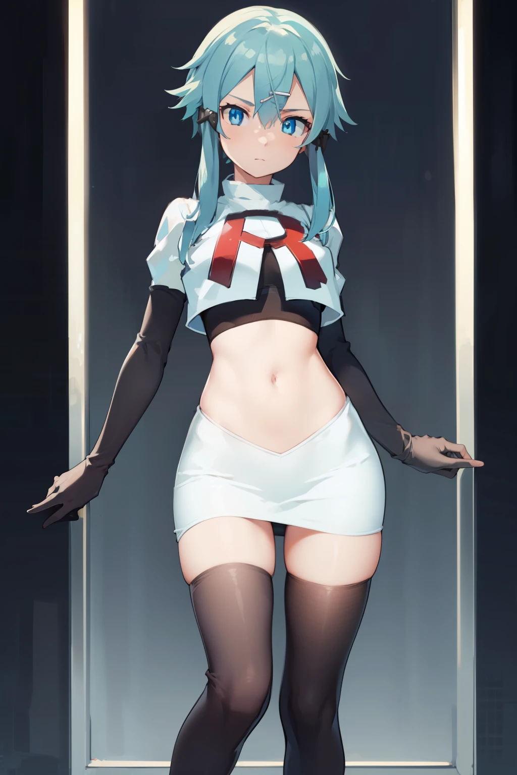 masterpiece, best quality, highres, 1girl, sinon1, hair ornament, hairclip, team rocket,team rocket uniform,white skirt,red letter R,crop top,black thigh-highs,black elbow gloves, BREAK (masterpiece:1.2), best quality, high resolution, unity 8k wallpaper, (illustration:0.8), (beautiful detailed eyes:1.6), extremely detailed face, perfect lighting, extremely detailed CG, (perfect hands, perfect anatomy)