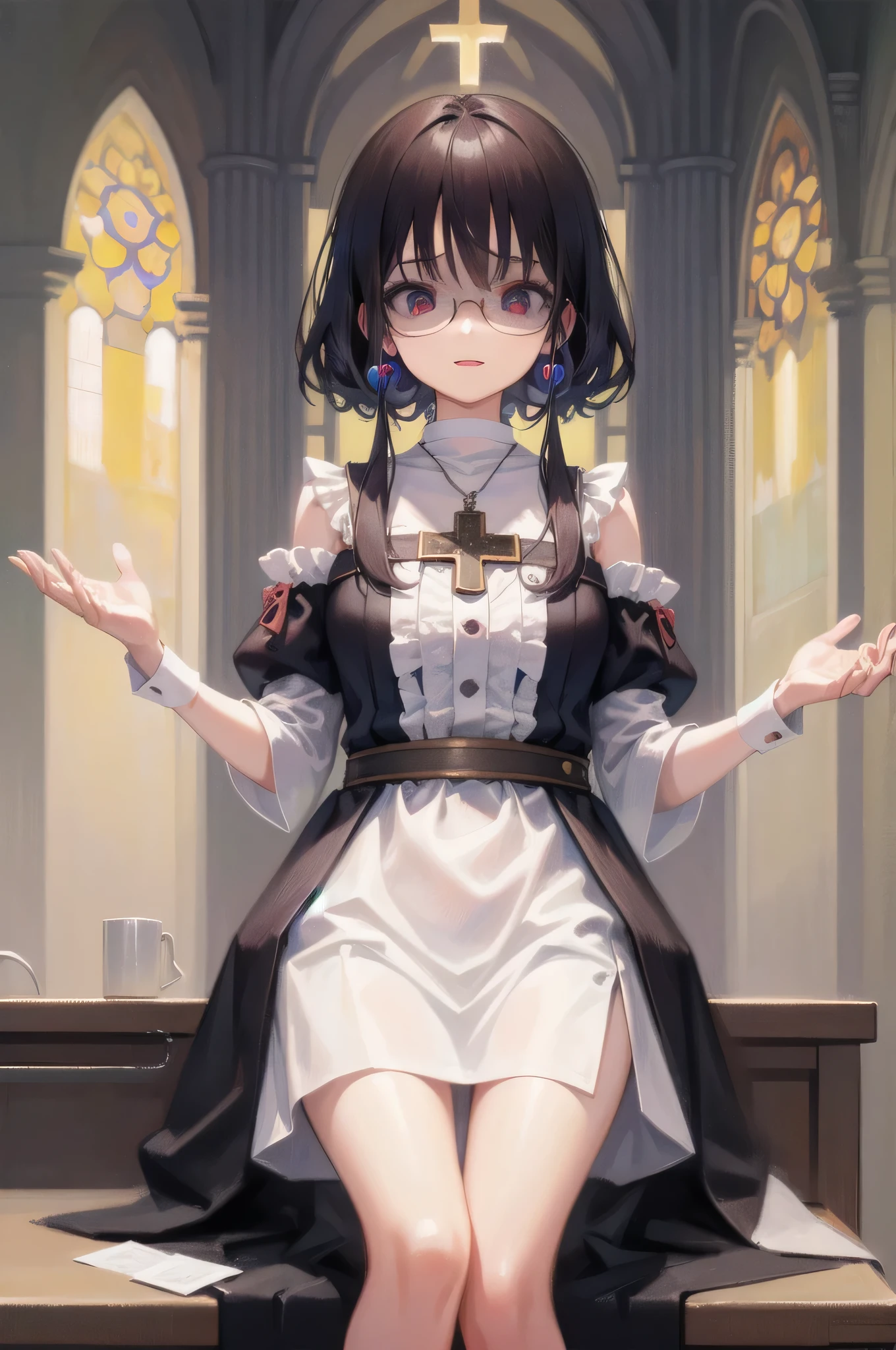 (Tabletop:1.0), (highest quality:1.4), (High resolution:1.2), Sharp contours,  boyish, highest quality, masterpiece,Glasses,Voice of the Heart,yandere,nsfw,Inside the church,Monk woman,Cross Necklace,