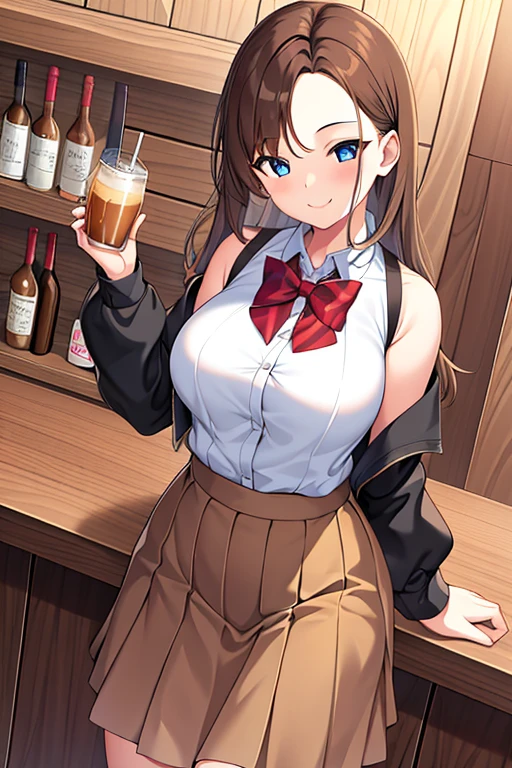 1girl, forehead, large breasts, skirt, brown skirt, bar, brown hair, medium hair, cup, smile, standing, mature female, layered skirt, sleeveless, long shirt, bowtie, bow
