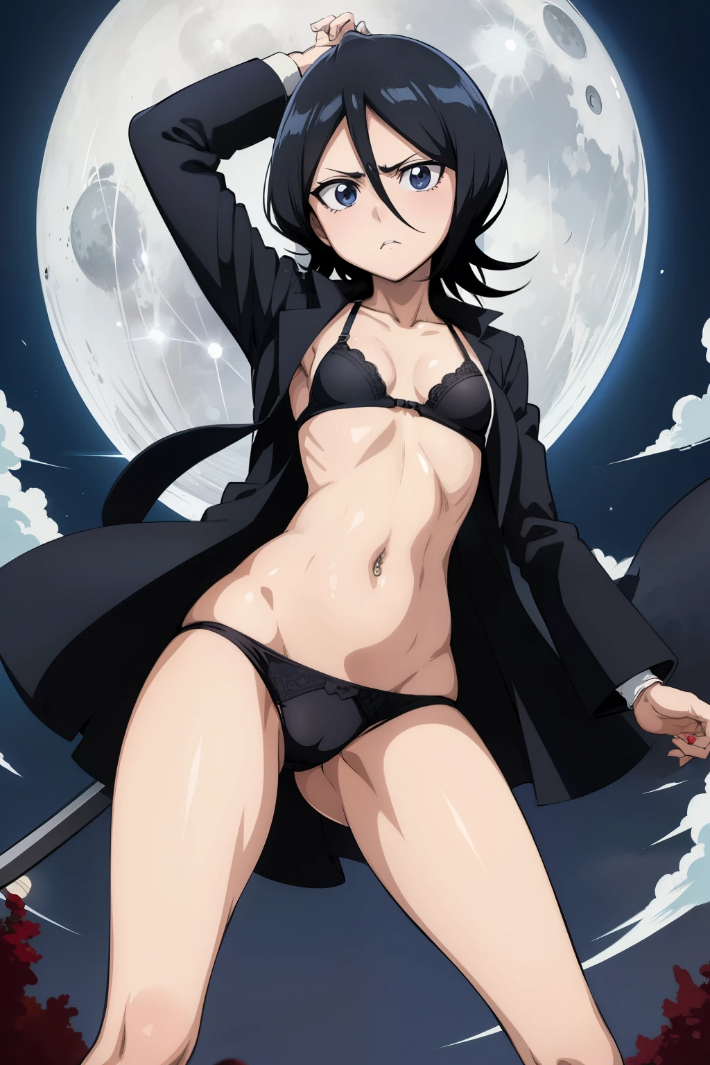 Rukia , anime , masterpiece , Masterpiece ,ultra detailed, rukia , Angry face ,menacing , solo , black jacket, open clothes, bra , flat chest , pantie , long socks , looking at viewer . Standing ,night , moon background. Belly button piercing. Holding katana. Badass