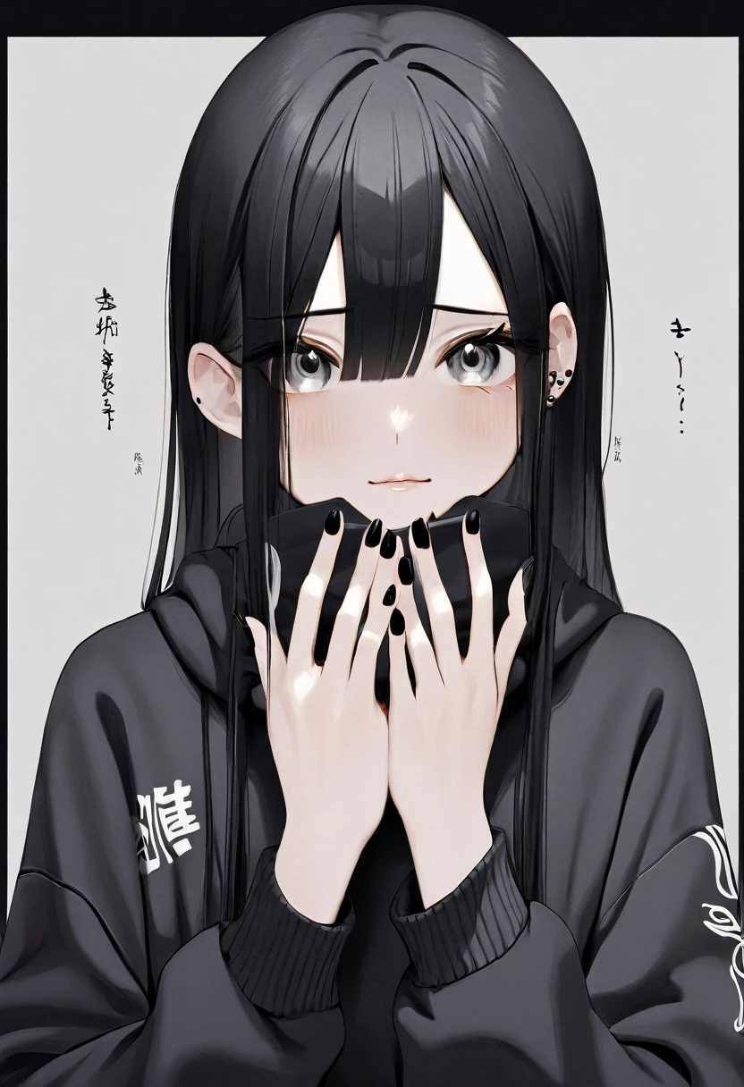 One girl、cute、cool、Black Hair、Long Hair、Gray color eyes、Swirls in the eyes、🌀😵‍💫、Black hoodie、Straight Hair、Put your hands on your face、Black Nails、Upper body only、White background