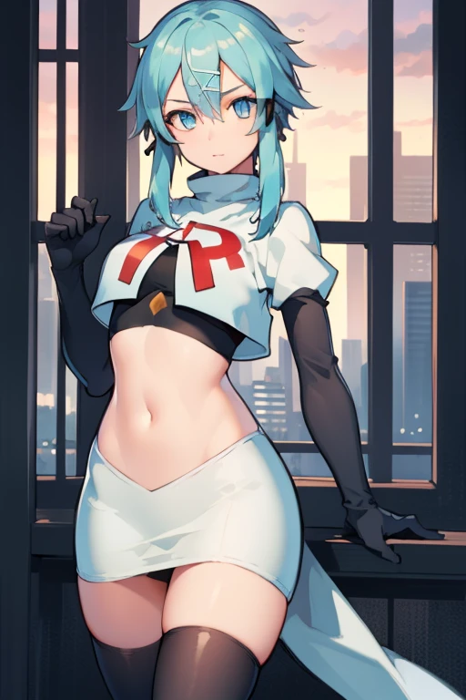 masterpiece, best quality, highres, 1girl, sinon1, hair ornament, hairclip, team rocket,team rocket uniform,white skirt,red letter R,crop top,black thigh-highs,black elbow gloves, BREAK (masterpiece:1.2), best quality, high resolution, unity 8k wallpaper, (illustration:0.8), (beautiful detailed eyes:1.6), extremely detailed face, perfect lighting, extremely detailed CG, (perfect hands, perfect ???????)