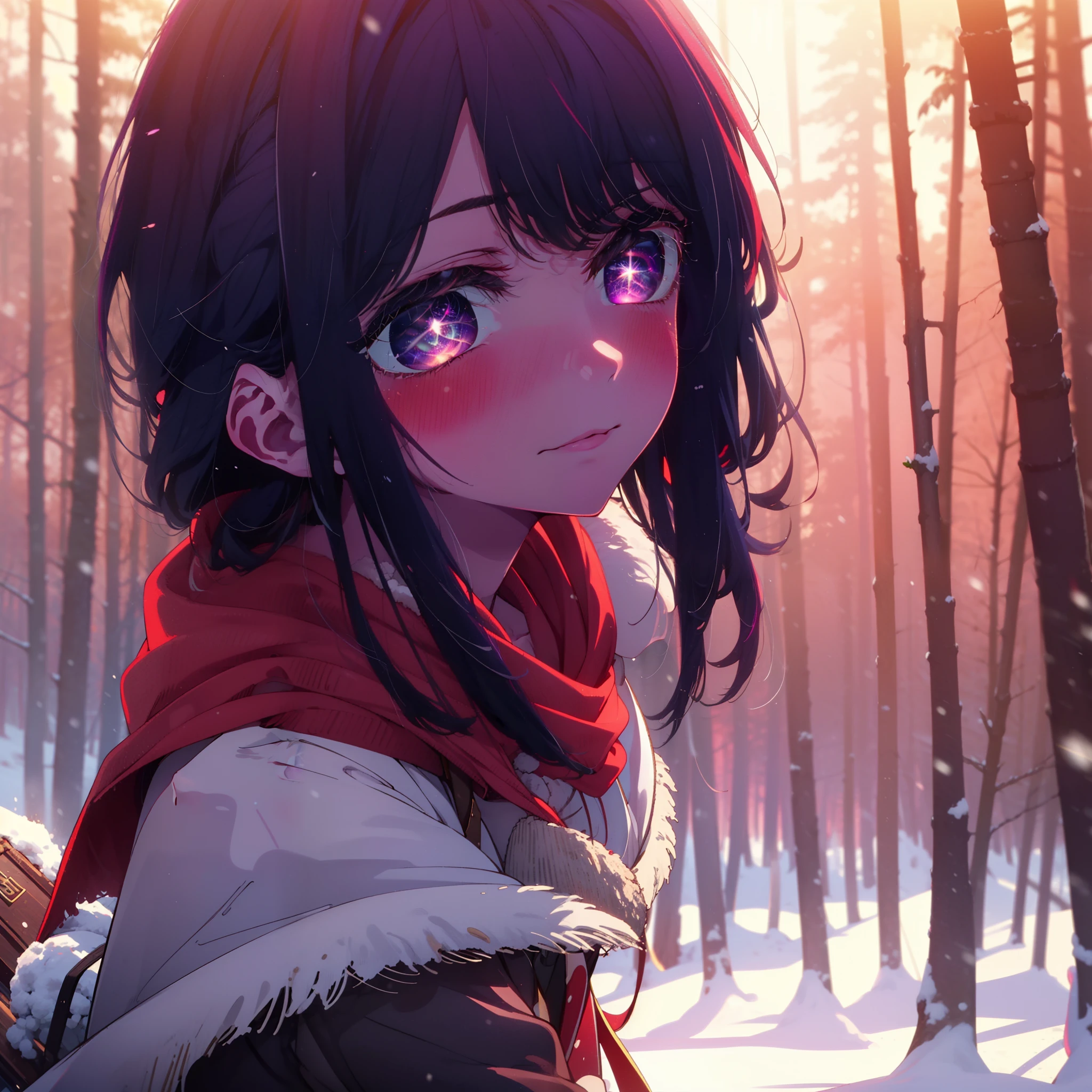 aihoshino, Ai Hoshino, Long Hair, bangs, (Purple eyes:1.1), Purple Hair, (Symbol-shaped pupil:1.5), smile,,smile,blush,White Breath,
Open your mouth,snow,Ground bonfire, Outdoor, boots, snowing, From the side, wood, suitcase, Cape, Blurred, , forest, White handbag, nature,  Squat, Mouth closed, Cape, winter, Written boundary depth, Black shoes, red Cape break looking at viewer, Upper Body, whole body, break Outdoor, forest, nature, break (masterpiece:1.2), highest quality, High resolution, unity 8k wallpaper, (shape:0.8), (Beautiful and beautiful eyes:1.6), Highly detailed face, Perfect lighting, Highly detailed CG, (Perfect hands, Perfect Anatomy),