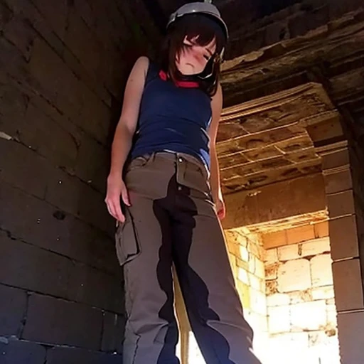Woman, young, brunette, (dirty, filthy, tearing up, panic, mortified), in an ancient ruin, sandstone, jeans, explorer clothes, blue hardhat, poor lighting, low ceiling, claustrophobia, sitting on a stone slab, (zoom in, quarter body, detailed face muddy), ((urgent , wiping tears, blush, pain, hurt, pleading)), from below, orange lighting, wet stain, (have to pee, wet crotch)