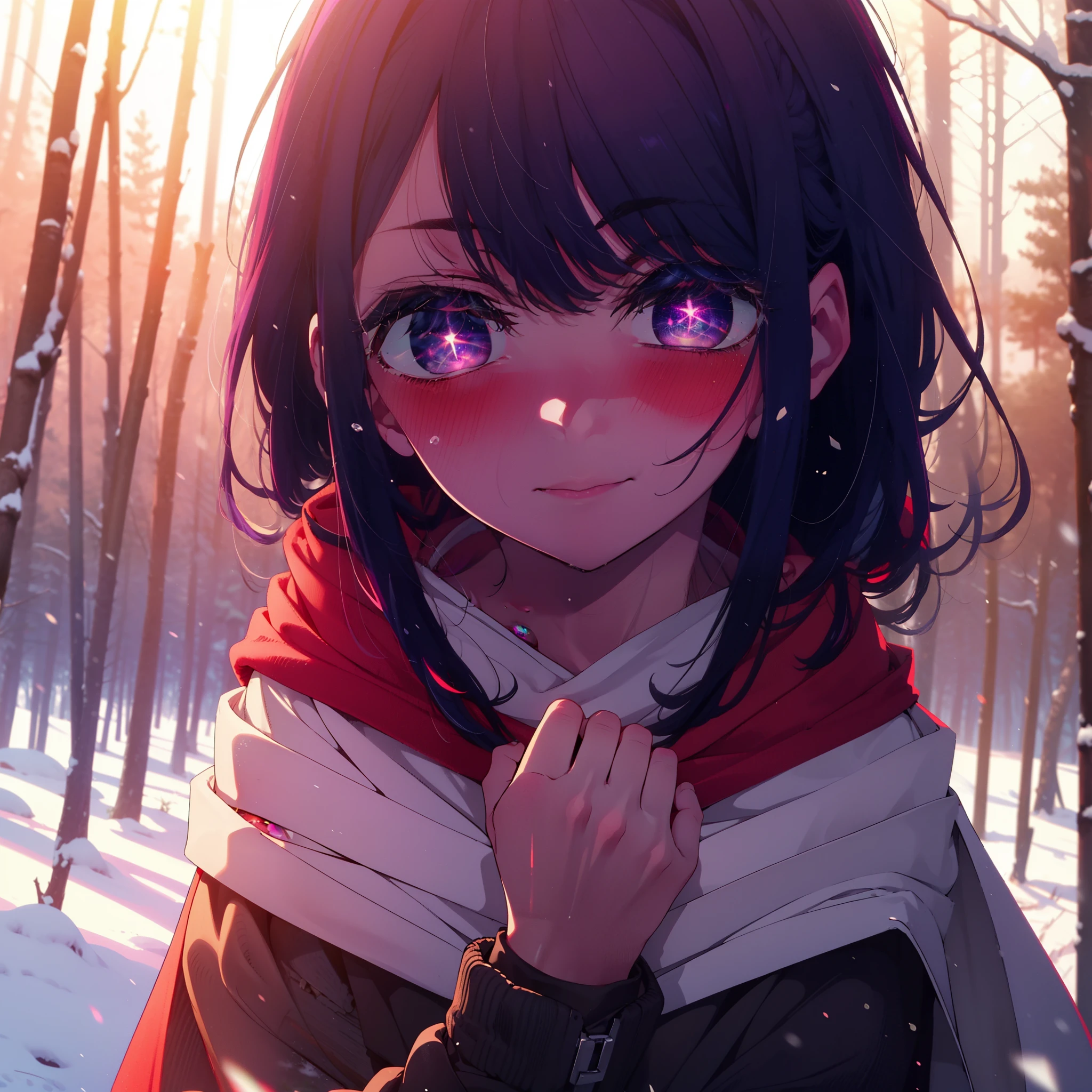 aihoshino, Ai Hoshino, Long Hair, bangs, (Purple eyes:1.1), Purple Hair, (Symbol-shaped pupil:1.5), smile,,smile,blush,White Breath,
Open your mouth,snow,Ground bonfire, Outdoor, boots, snowing, From the side, wood, suitcase, Cape, Blurred, , forest, White handbag, nature, Squat, Mouth closed, Cape, winter, Written boundary depth, Black shoes, red Cape break looking at viewer, Upper Body, whole body, break Outdoor, forest, nature, break (masterpiece:1.2), highest quality, High resolution, unity 8k wallpaper, (shape:0.8), (Beautiful and beautiful eyes:1.6), Highly detailed face, Perfect lighting, Highly detailed CG, (Perfect hands, Perfect Anatomy),