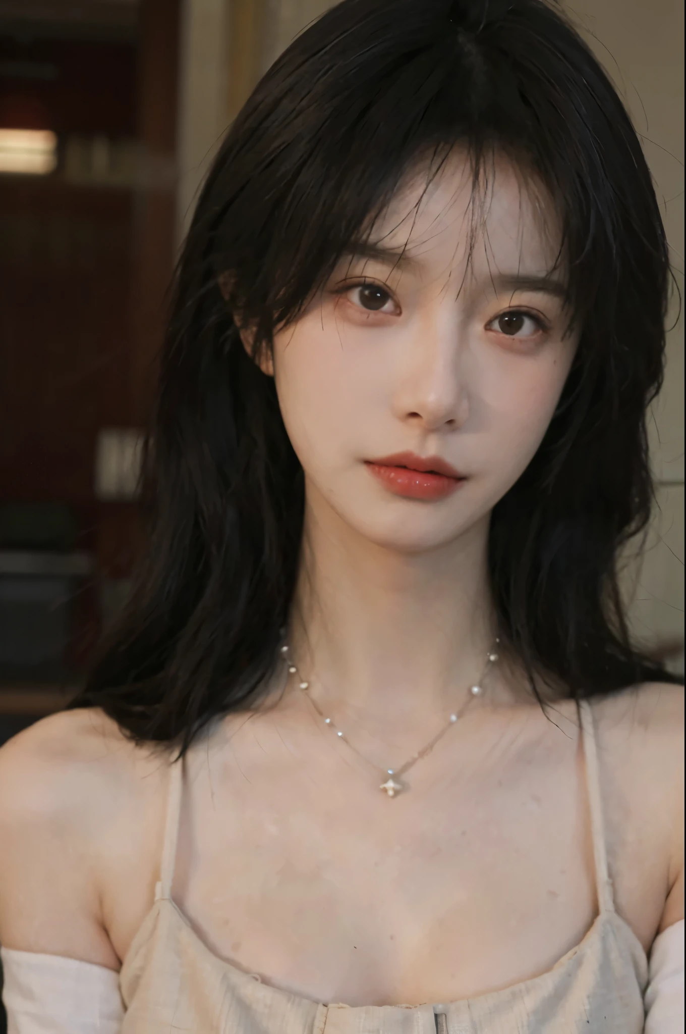 Film portrait photography, 2 girls, Bare shoulders,Lipstick,(flat chest:1.4), Wear a necklace,Cute expression,Exquisite makeup,Red suspenders,serene, calm, (Realistic and detailed eyes, Natural skin texture, Realistic facial details), Big breasts:1.6,Big Breasts,Soft dramatic lighting, Depth of Field, Bokeh, Vibrant details, Detailed and detailed, Surreal, 35mm film, hazy, ,