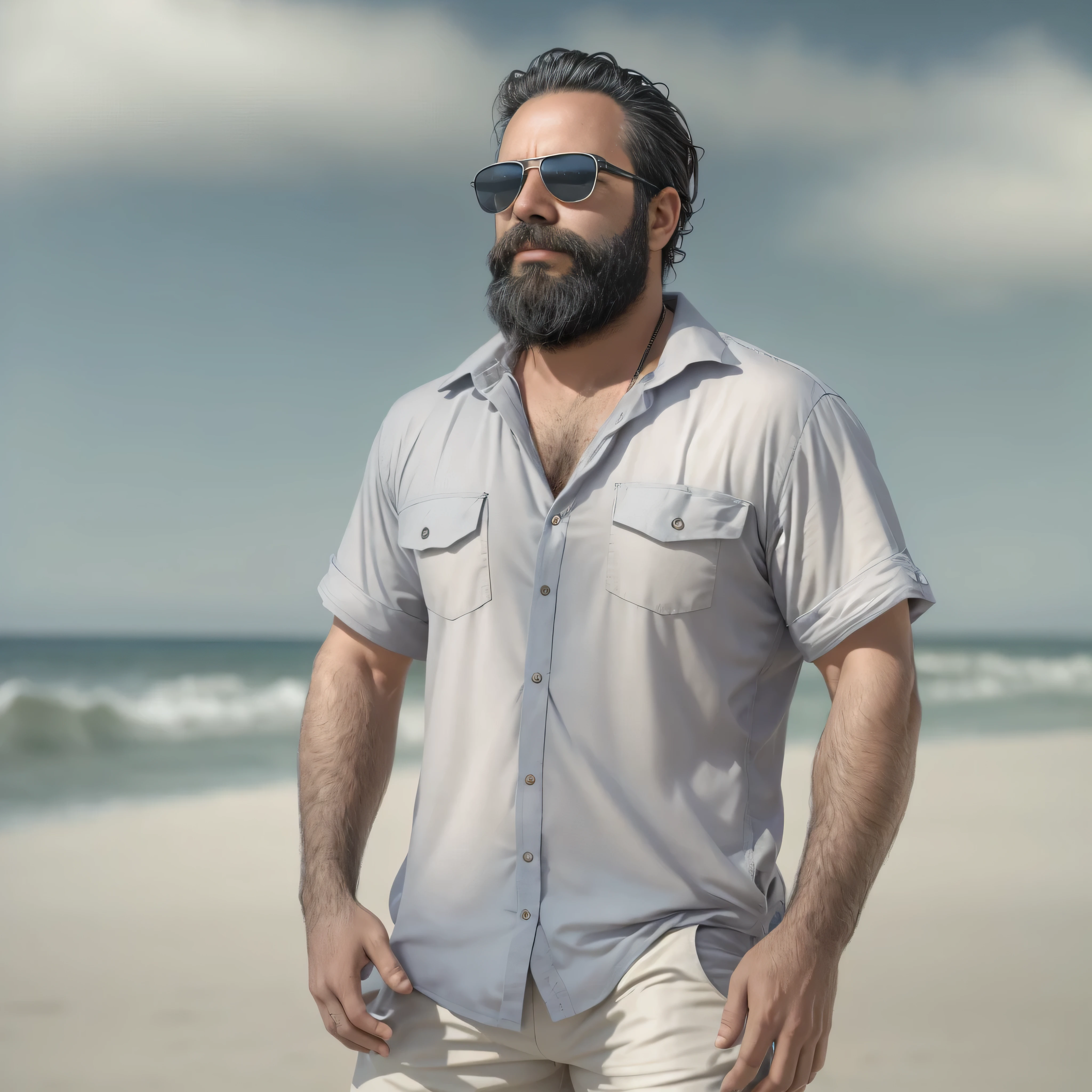 Create an image of a 38-year-old man with a beard and a lot of chest hair. He is wearing sunglasses. The man should have a confident and relaxed expression. The scene is a sunny beach with clear blue skies, soft white sand, and gentle waves in the background. The man is standing near the shoreline with the ocean behind him. He is dressed in casual beach attire, such as swim trunks and flip-flops. The image should be of the highest quality, with textured skin and realistic details.