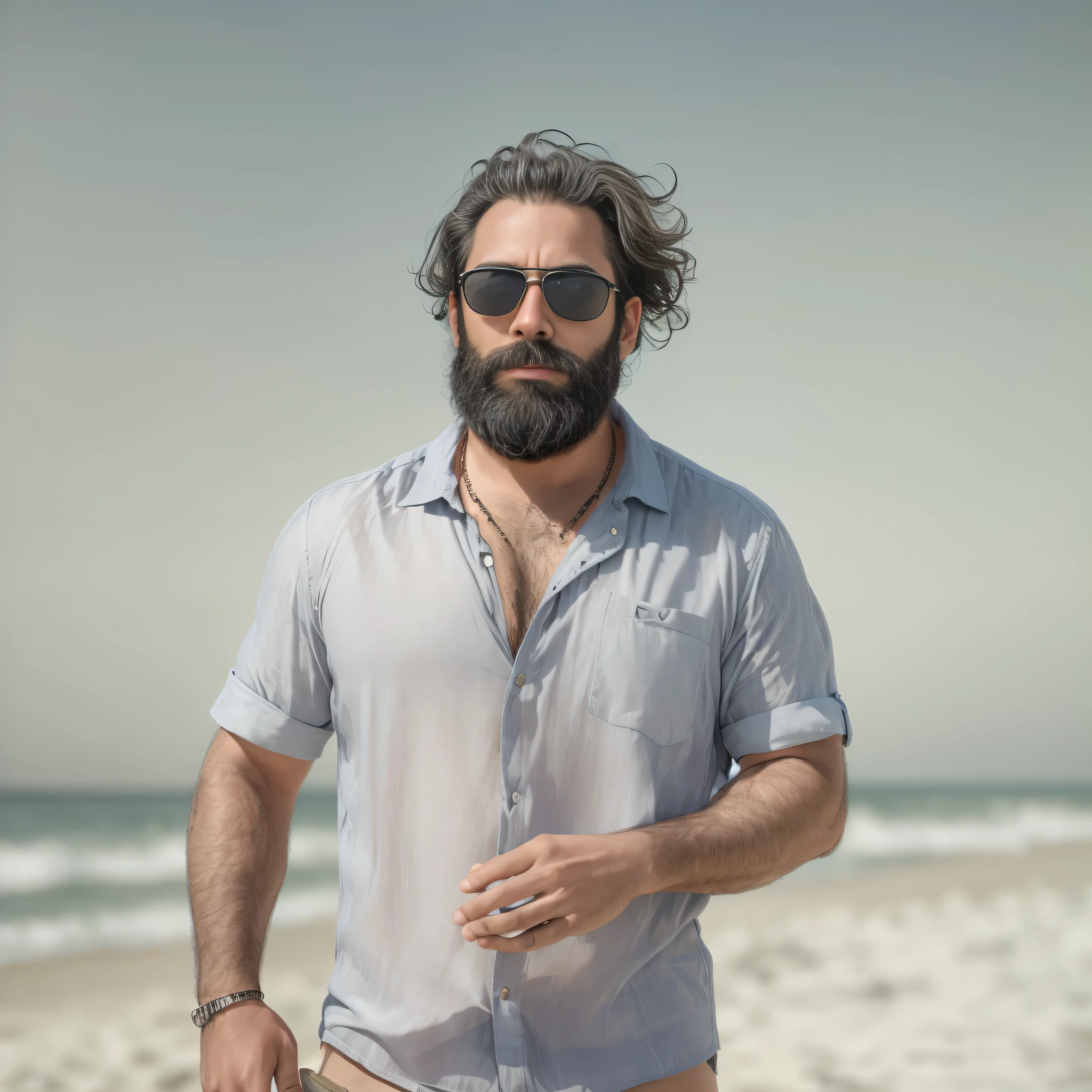 Create an image of a 38-year-old man with a beard and a lot of chest hair. He is wearing sunglasses. The man should have a confident and relaxed expression. The scene is a sunny beach with clear blue skies, soft white sand, and gentle waves in the background. The man is standing near the shoreline with the ocean behind him. He is dressed in casual beach attire, such as swim trunks and flip-flops. The image should be of the highest quality, with textured skin and realistic details.