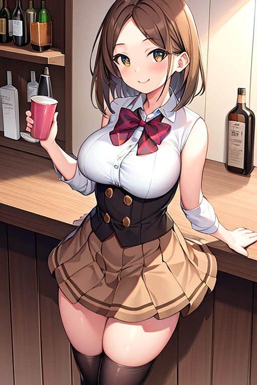 1girl, forehead, breasts, skirt, brown skirt, bar, brown hair, medium hair, cup, smile, standing