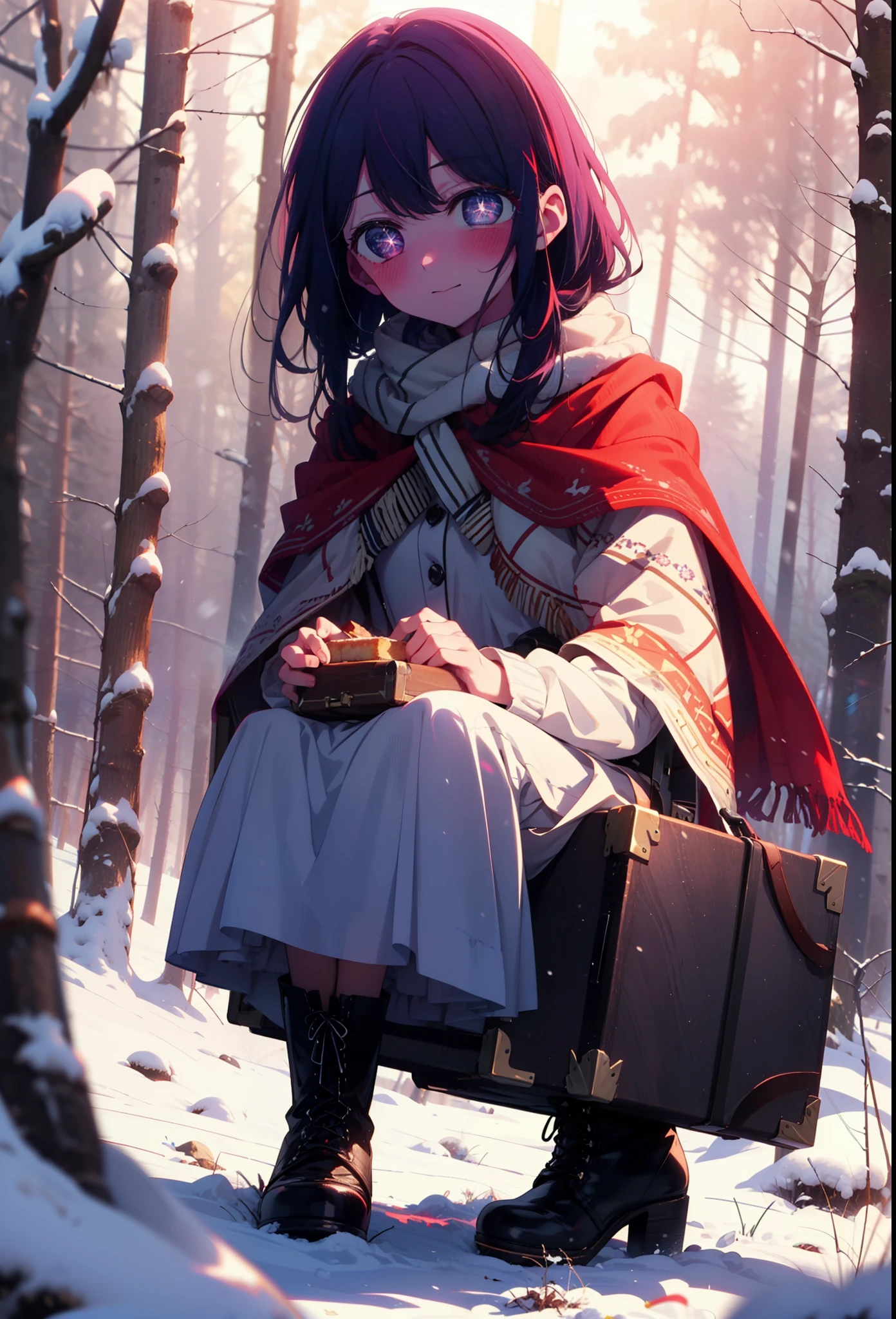 aihoshino, Ai Hoshino, Long Hair, bangs, (Purple eyes:1.1), Purple Hair, (Symbol-shaped pupil:1.5), smile,,smile,blush,White Breath,
Open your mouth,snow,Ground bonfire, Outdoor, boots, snowing, From the side, wood, suitcase, Cape, Blurred, , forest, White handbag, nature,  Squat, Mouth closed, Cape, winter, Written boundary depth, Black shoes, red Cape break looking at viewer, Upper Body, whole body, break Outdoor, forest, nature, break (masterpiece:1.2), highest quality, High resolution, unity 8k wallpaper, (shape:0.8), (Beautiful and beautiful eyes:1.6), Highly detailed face, Perfect lighting, Highly detailed CG, (Perfect hands, Perfect Anatomy),