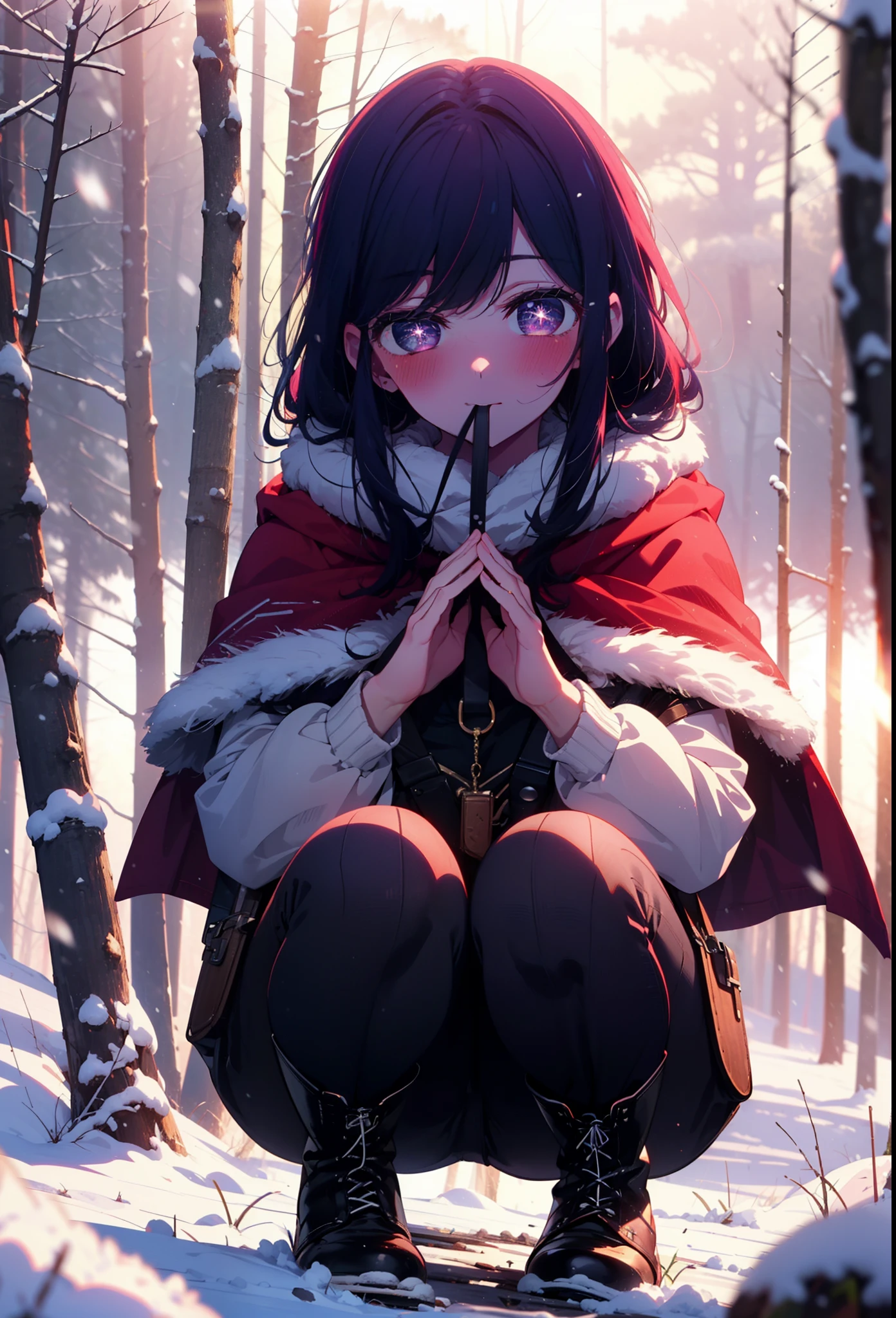 aihoshino, Ai Hoshino, Long Hair, bangs, (Purple eyes:1.1), Purple Hair, (Symbol-shaped pupil:1.5), smile,,smile,blush,White Breath,
Open your mouth,snow,Ground bonfire, Outdoor, boots, snowing, From the side, wood, suitcase, Cape, Blurred, , forest, White handbag, nature,  Squat, Mouth closed, Cape, winter, Written boundary depth, Black shoes, red Cape break looking at viewer, Upper Body, whole body, break Outdoor, forest, nature, break (masterpiece:1.2), highest quality, High resolution, unity 8k wallpaper, (shape:0.8), (Beautiful and beautiful eyes:1.6), Highly detailed face, Perfect lighting, Highly detailed CG, (Perfect hands, Perfect Anatomy),