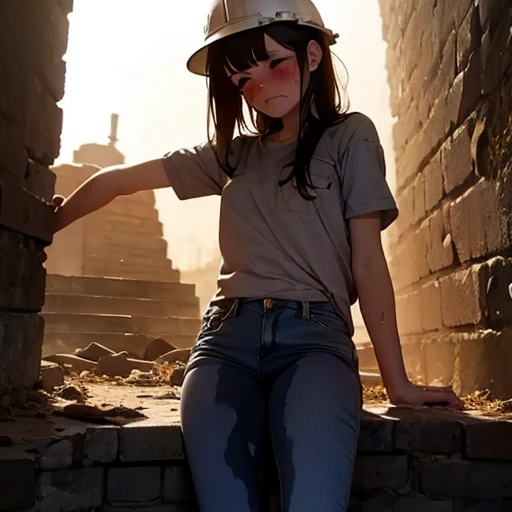 Woman, young, brunette, (dirty, filthy, tearing up, panic, mortified), in an ancient ruin, sandstone, jeans, explorer clothes, blue hardhat, poor lighting, low ceiling, claustrophobia, sitting on a stone slab, (zoom in, quarter body, detailed face muddy), ((urgent , wiping tears, blush, pain, hurt, pleading)), from below, orange lighting, wet stain, (have to pee, wet crotch)