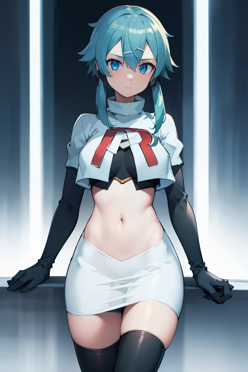 masterpiece, best quality, highres, 1girl, sinon1, hair ornament, hairclip, team rocket,team rocket uniform,white skirt,red letter R,crop top,black thigh-highs,black elbow gloves, BREAK (masterpiece:1.2), best quality, high resolution, unity 8k wallpaper, (illustration:0.8), (beautiful detailed eyes:1.6), extremely detailed face, perfect lighting, extremely detailed CG, (perfect hands, perfect anatomy)