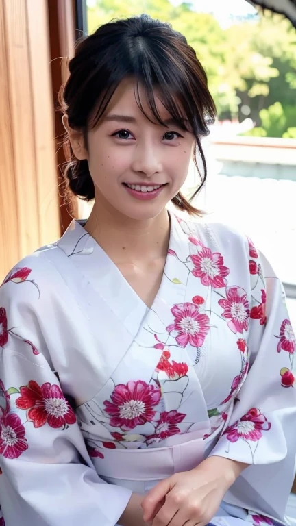 face is :9,3492120809], Naive 33-year-old wife、Sit on the floor、Disturbing the yukata、Height 156 cm, slightly chubby figure、((Japan in a yukata))、Yukata at Japan Ryokan、Shoulder out、clavicle、Japanese Models, Short Layer Hair、A smile、Smile、japanaese girl, bath robe、Neat and clean Japan woman, goddess of Japan, Innocence、Raw photo, (in 8K、top-quality、​masterpiece:1.2)、(intricate detailes:1.4)、(Photorealsitic:1.4)、octane renderings、Complex 3D rendering ultra detail, Studio Soft Light, Rim Lights, vibrant detail, super detailing, realistic skin textures, Detail Face, Beautiful detail eyes, Very detailed CG Unity 16k wallpaper, make - up, (detailedbackground:1.2),　shinny skin、