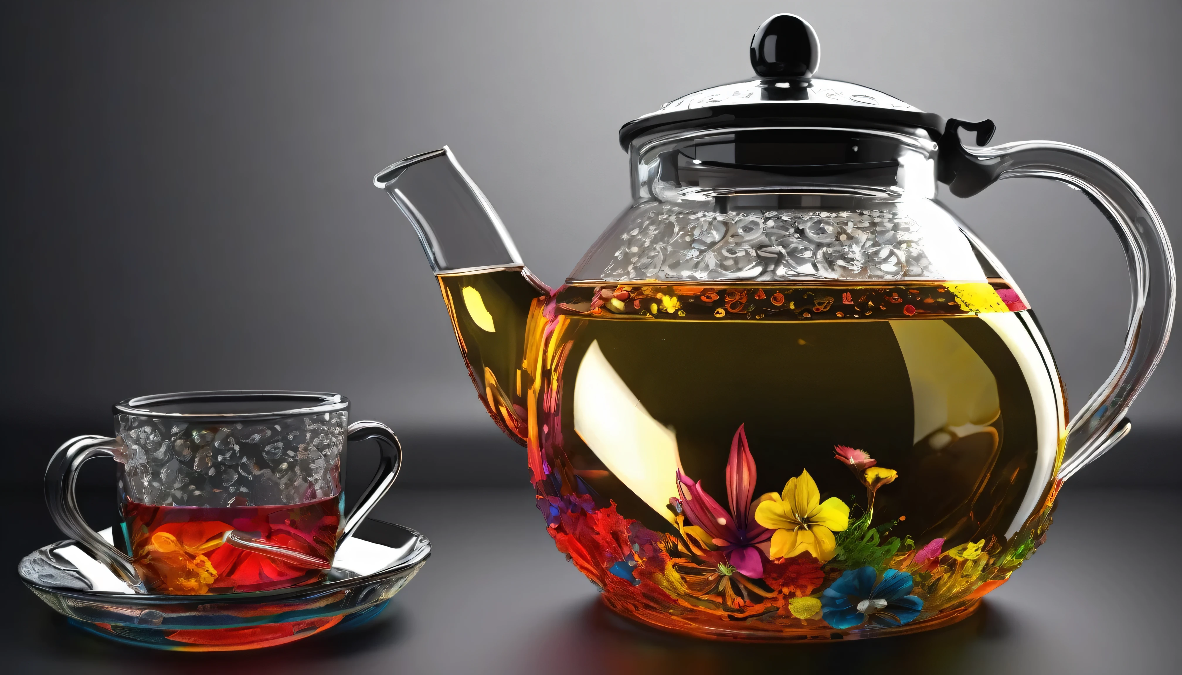 colorful glass teapot, vivid color, depth of field, clean black background, highly detailed, photorealistic, 8k, masterpiece
