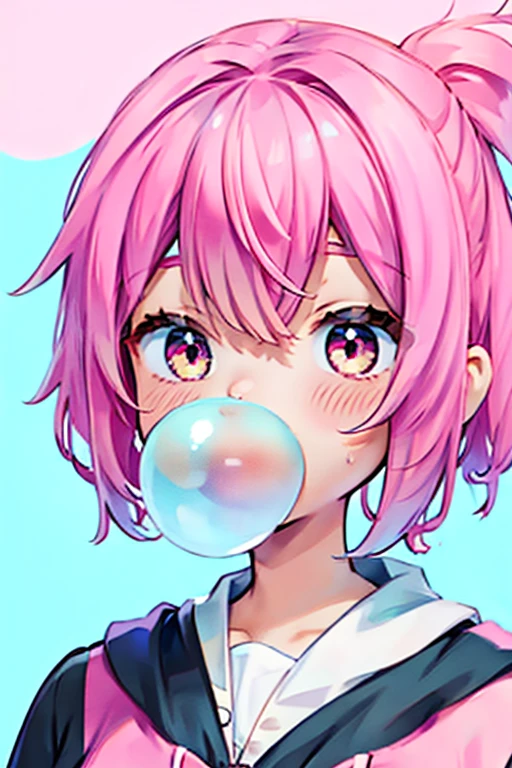 1girl,solo,cute,pink hair,blow bubble gum,