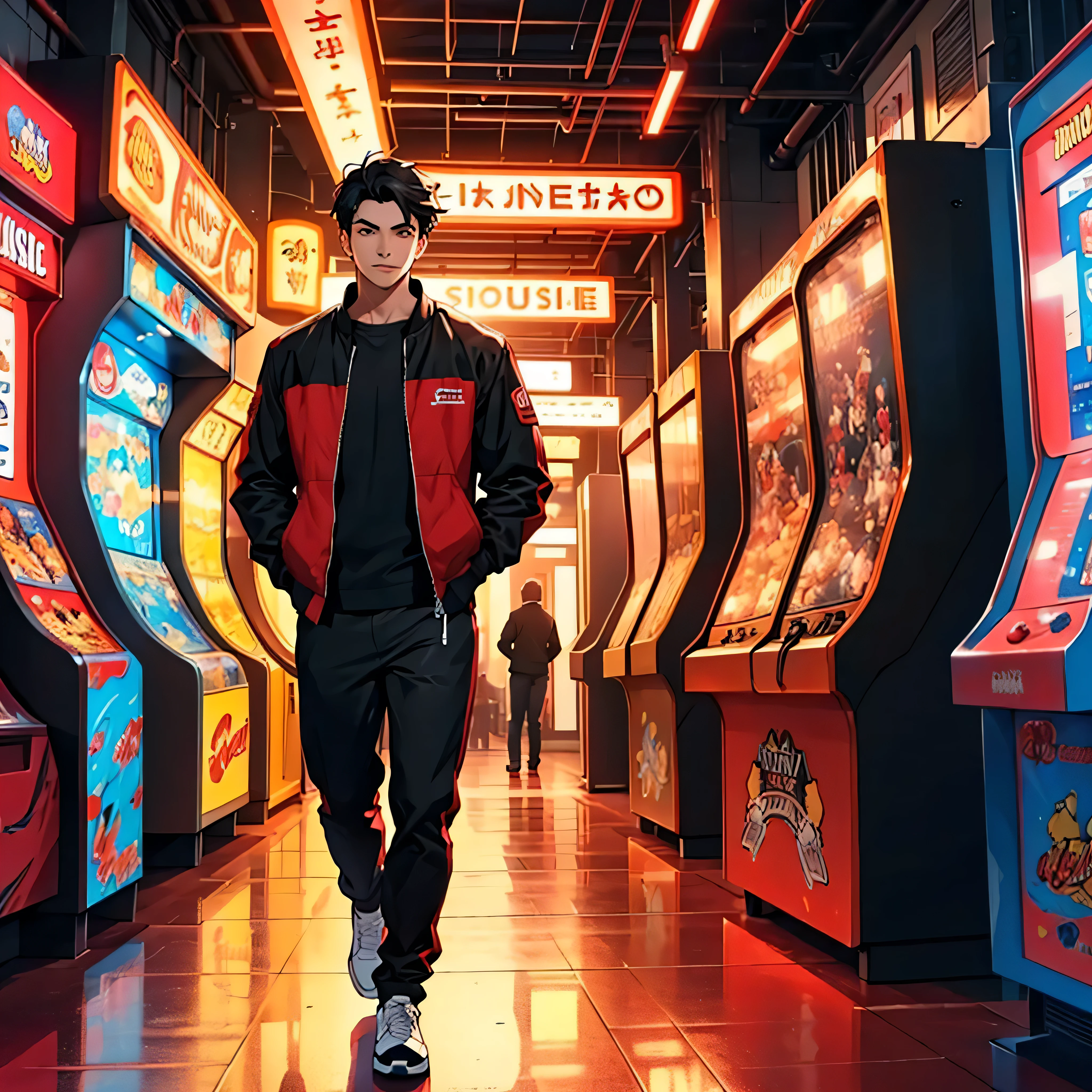 (high quality, 4k, full hd), young man in his 20s, black hair, black and red clothes, illuminated scenery, artificial lighting, arcade, playground