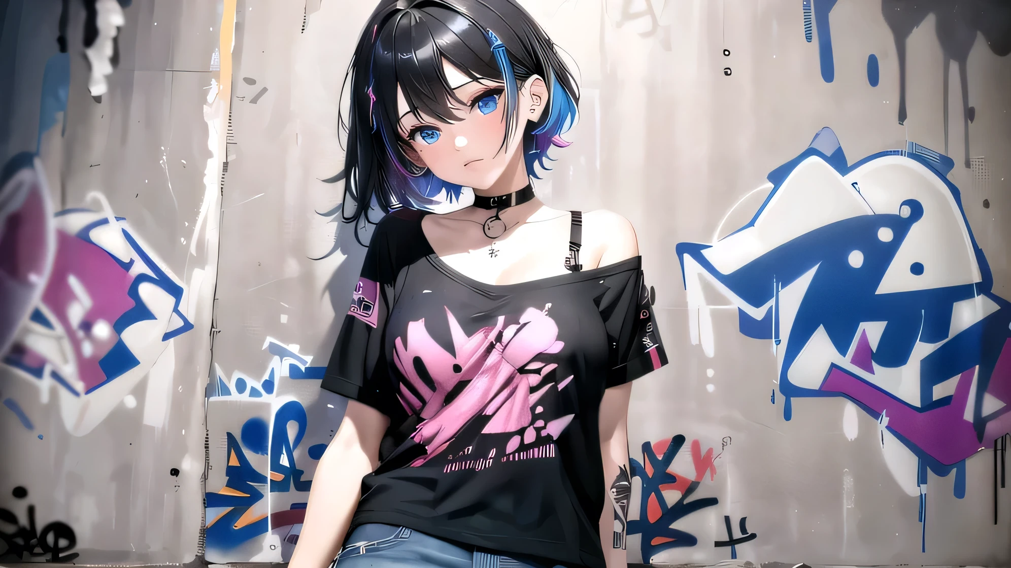 (best quality)), ((Create a masterpiece)), (There are details.), highest resolution,A face as beautiful as a goddess.,ผCreate a masterpiece, best quality, 1 girl, only, Crop shirt, Jeans shorts, choker, (graffiti:1.5), splash of color, arm behind back, against the wall, looking at the audience, , thigh strap, paint on the wall, tilt your head, bored, colorful hair, The eyes are extremely detailed.., headset,blue eyes ,The eyes have special resolution.