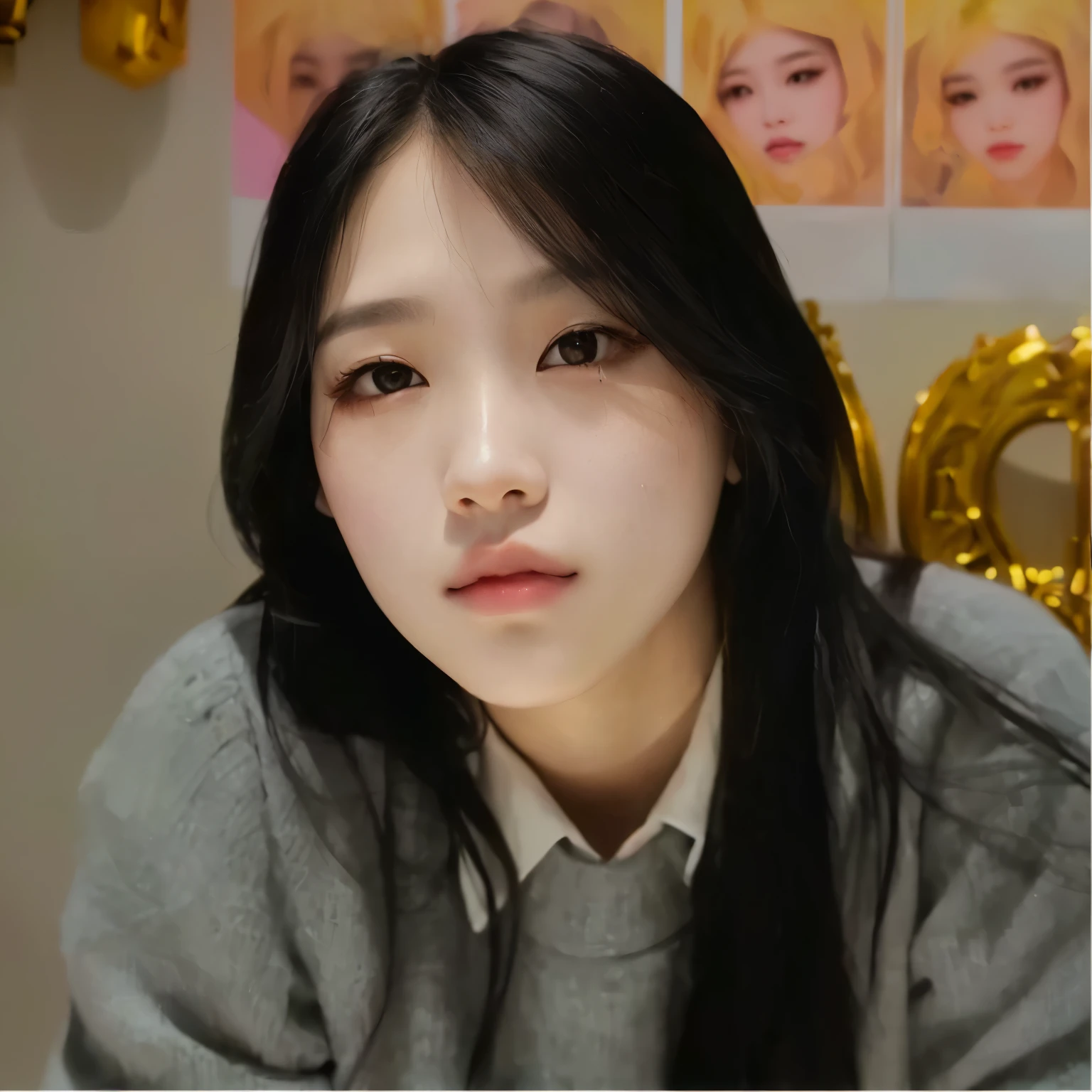 there is a woman who is sitting with a cell phone, adorable and pale korean face, portrait of jossi do blackpink, jossi do blackpink, retrato realista kawaii, rosto redondo completo, young lovely korean face, com bochechas redondas, retrato suave fotografado em 8k, ela tem um rosto fofo, com rosto preciso, capturado em canon eos r 6, Jisoo do Blackpink