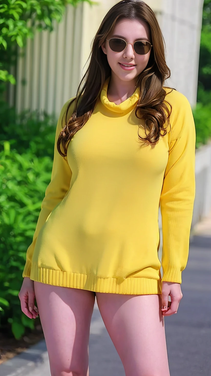 best quality, masterpiece, photorealistic, high resolution, solo, 1 girl, realistic and detailed skin,standing, look at viewer, 20-year-old, (sun glasses with thick frame:1.4),slender body shape、((legs spread)), sexy lips,(sexy clothing:1.4),smile,Virgin killer sweater