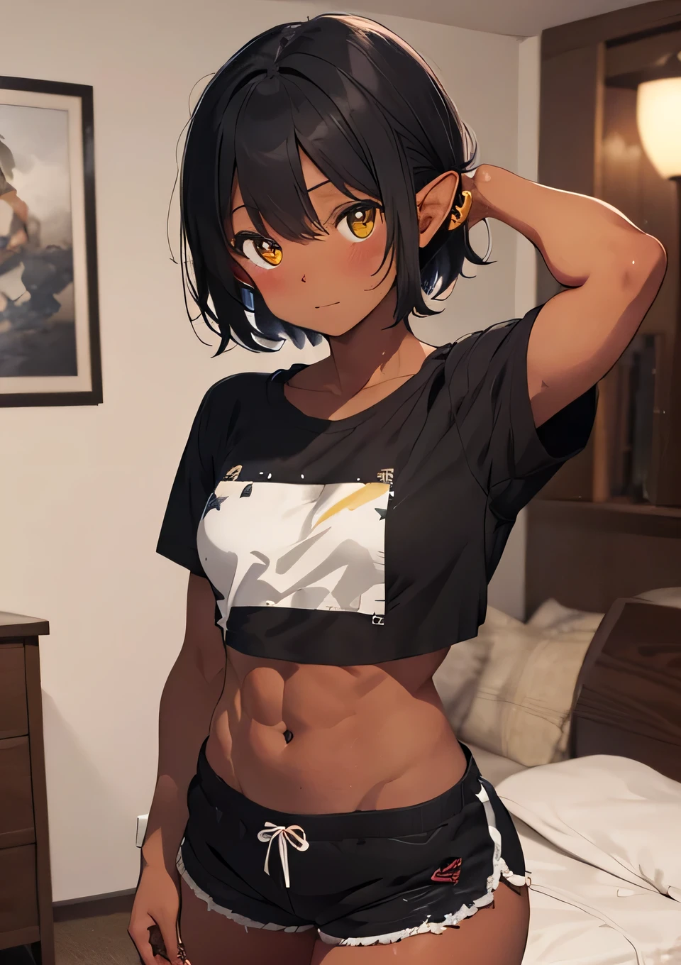 masterpiece, hyper detailed, short hair, black hair, yellow eyes, semi fit body, slight abs, dark skin, tan skin, small breast, elf,(oversized t-shirt crop top), short shorts, (semi muscular), bedroom background, blush