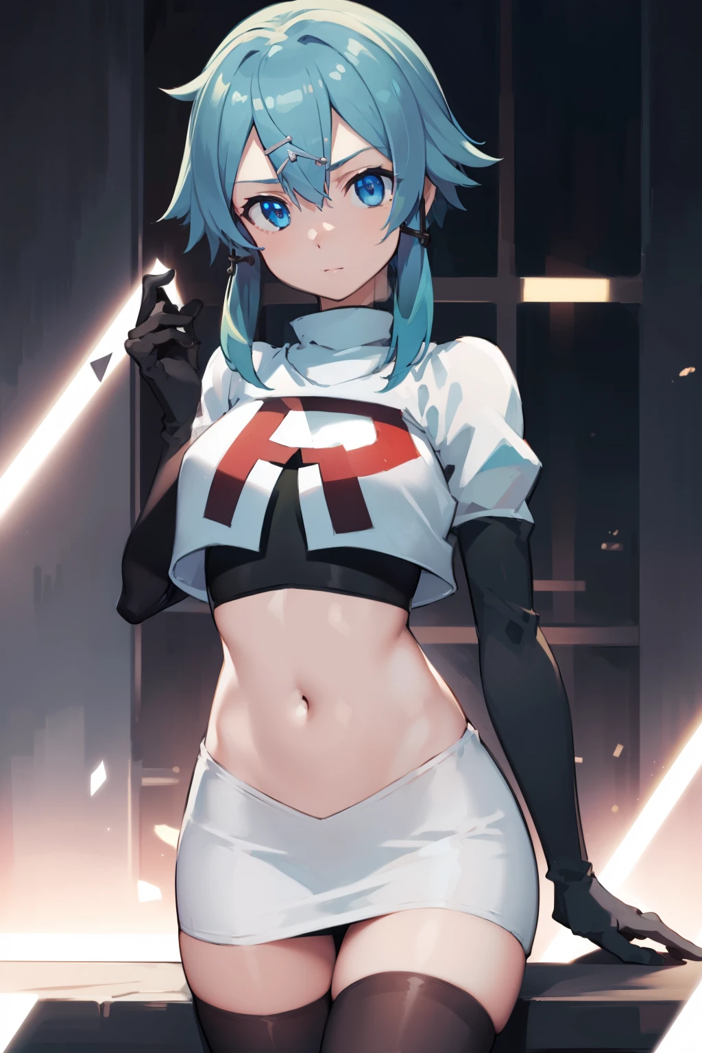 masterpiece, best quality, highres, 1girl, sinon1, hair ornament, hairclip, team rocket,team rocket uniform,white skirt,red letter R,crop top,black thigh-highs,black elbow gloves, BREAK (masterpiece:1.2), best quality, high resolution, unity 8k wallpaper, (illustration:0.8), (beautiful detailed eyes:1.6), extremely detailed face, perfect lighting, extremely detailed CG, (perfect hands, perfect anatomy)