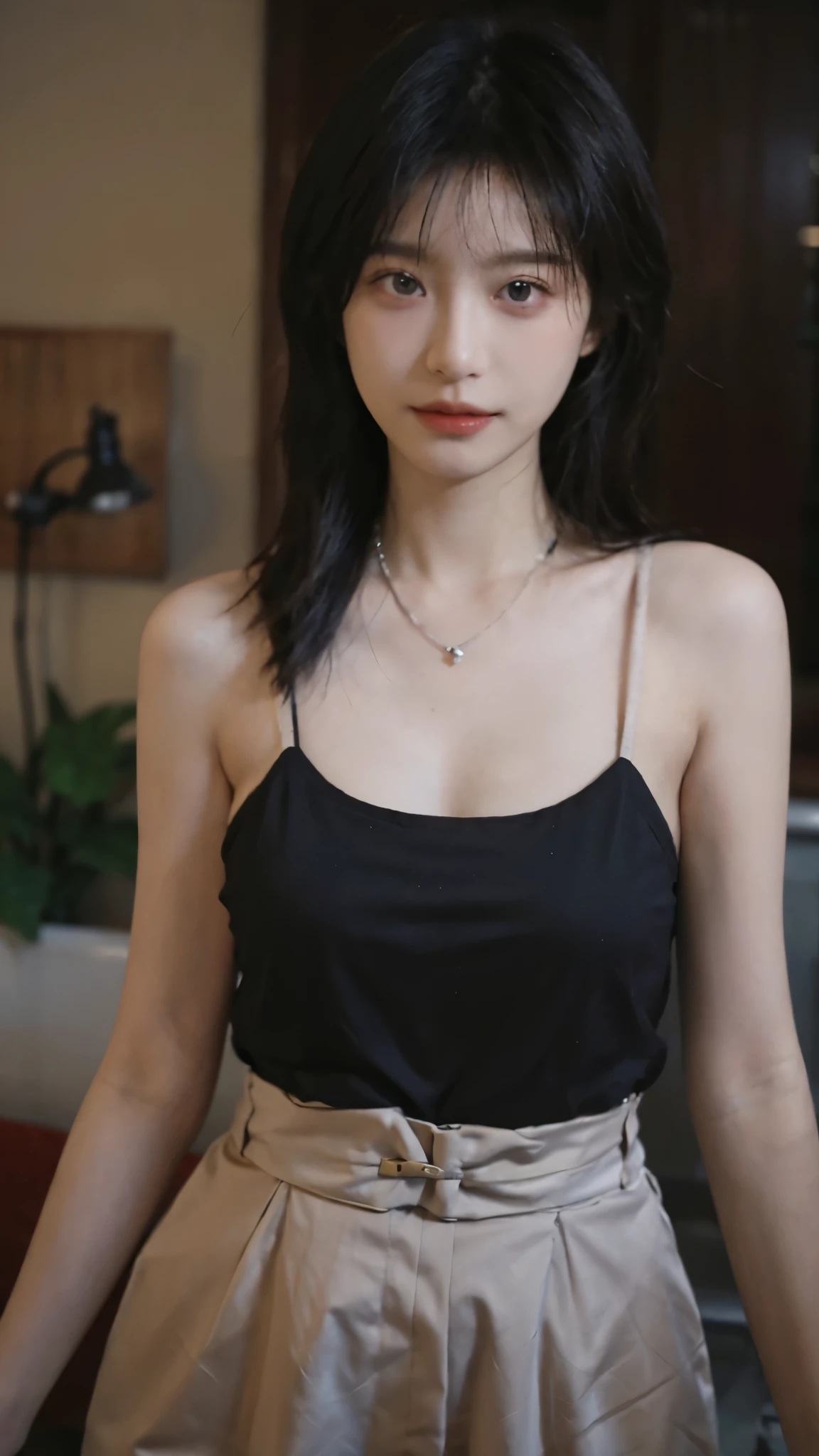 Film portrait photography, 2 girls, Bare shoulders,Lipstick，（flat chest：1.4）， Wear a necklace，Cute expression,Exquisite makeup，Red suspenders，serene, calm, (Realistic and detailed eyes, Natural skin texture, Realistic facial details), Big breasts：1.6，Big Breasts，Soft dramatic lighting, Depth of Field, Bokeh, Vibrant details, Detailed and detailed, Surreal, 35mm film, hazy, ,