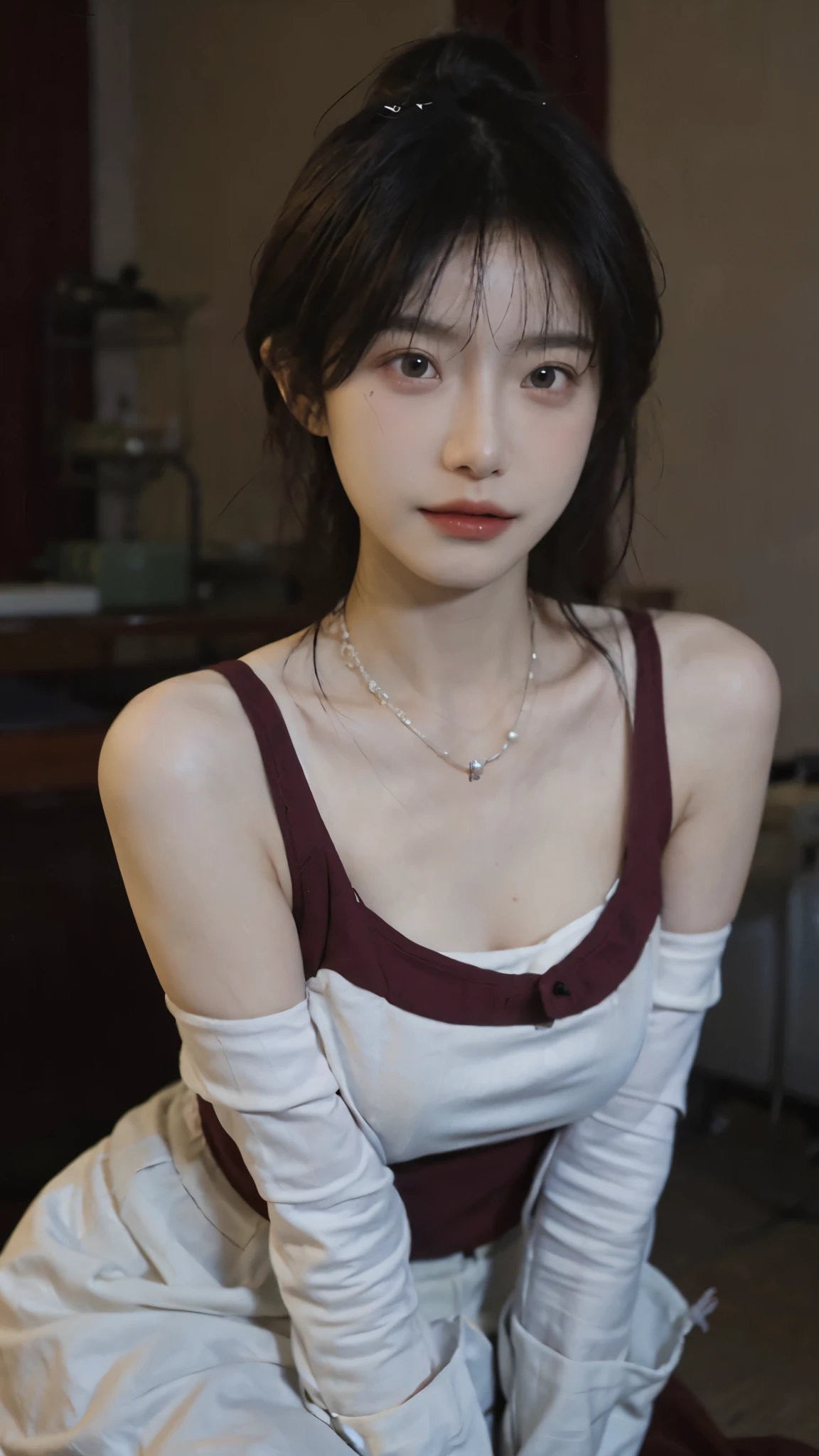 Film portrait photography, 2 girls, Bare shoulders,Lipstick,(flat chest:1.4), Wear a necklace,Cute expression,Exquisite makeup,Red suspenders,serene, calm, (Realistic and detailed eyes, Natural skin texture, Realistic facial details), Big breasts:1.6,Big Breasts,Soft dramatic lighting, Depth of Field, Bokeh, Vibrant details, Detailed and detailed, Surreal, 35mm film, hazy, ,