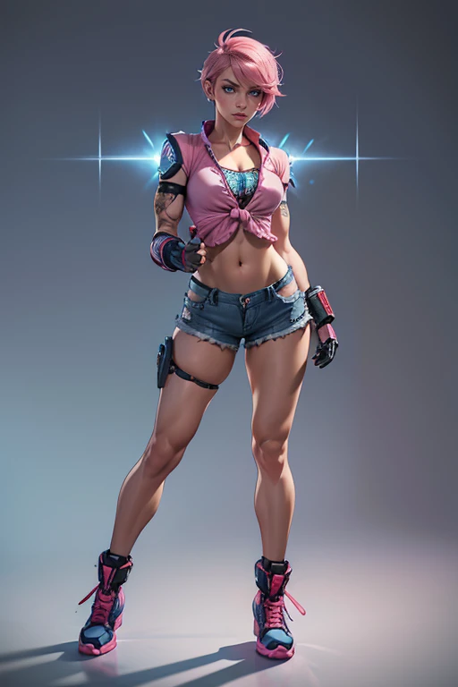 detailed and colorful sketch, realistic contour style, full body drawing, Tekken-style character, beautiful girl, fighter's physique, girl with British features, light blue eyes, short pink hair with dark roots, wearing a casual blouse and denim shorts, with punk gloves, robotic prosthetic left arm