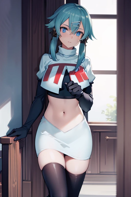 masterpiece, best quality, highres, 1girl, sinon1, hair ornament, hairclip, team rocket,team rocket uniform,white skirt,red letter R,crop top,black thigh-highs,black elbow gloves, BREAK (masterpiece:1.2), best quality, high resolution, unity 8k wallpaper, (illustration:0.8), (beautiful detailed eyes:1.6), extremely detailed face, perfect lighting, extremely detailed CG, (perfect hands, perfect ???????)