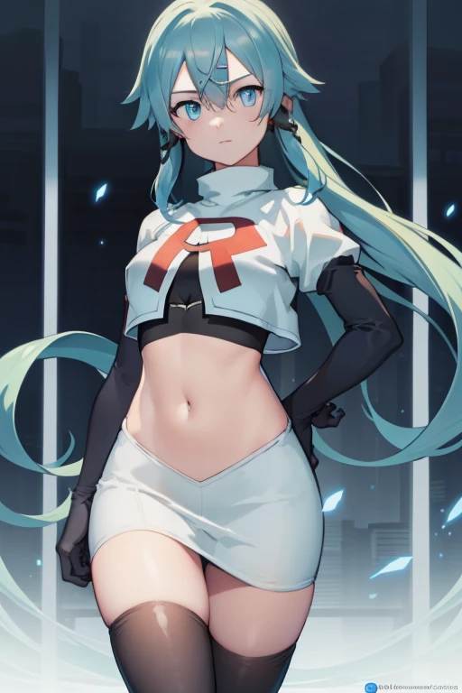 masterpiece, best quality, highres, 1girl, sinon1, hair ornament, hairclip, team rocket,team rocket uniform,white skirt,red letter R,crop top,black thigh-highs,black elbow gloves, BREAK (masterpiece:1.2), best quality, high resolution, unity 8k wallpaper, (illustration:0.8), (beautiful detailed eyes:1.6), extremely detailed face, perfect lighting, extremely detailed CG, (perfect hands, perfect anatomy)