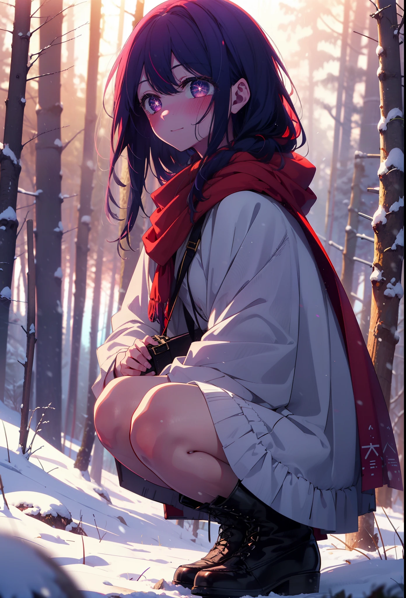 aihoshino, Ai Hoshino, Long Hair, bangs, (Purple eyes:1.1), Purple Hair, (Symbol-shaped pupil:1.5), smile,,smile,blush,White Breath,
Open your mouth,snow,Ground bonfire, Outdoor, boots, snowing, From the side, wood, suitcase, Cape, Blurred, , forest, White handbag, nature,  Squat, Mouth closed, Cape, winter, Written boundary depth, Black shoes, red Cape break looking at viewer, Upper Body, whole body, break Outdoor, forest, nature, break (masterpiece:1.2), highest quality, High resolution, unity 8k wallpaper, (shape:0.8), (Beautiful and beautiful eyes:1.6), Highly detailed face, Perfect lighting, Highly detailed CG, (Perfect hands, Perfect Anatomy),