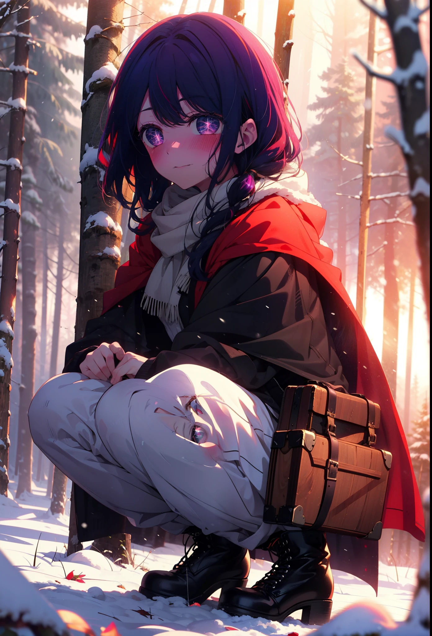 aihoshino, Ai Hoshino, Long Hair, bangs, (Purple eyes:1.1), Purple Hair, (Symbol-shaped pupil:1.5), smile,,smile,blush,White Breath,
Open your mouth,snow,Ground bonfire, Outdoor, boots, snowing, From the side, wood, suitcase, Cape, Blurred, , forest, White handbag, nature,  Squat, Mouth closed, Cape, winter, Written boundary depth, Black shoes, red Cape break looking at viewer, Upper Body, whole body, break Outdoor, forest, nature, break (masterpiece:1.2), highest quality, High resolution, unity 8k wallpaper, (shape:0.8), (Beautiful and beautiful eyes:1.6), Highly detailed face, Perfect lighting, Highly detailed CG, (Perfect hands, Perfect Anatomy),
