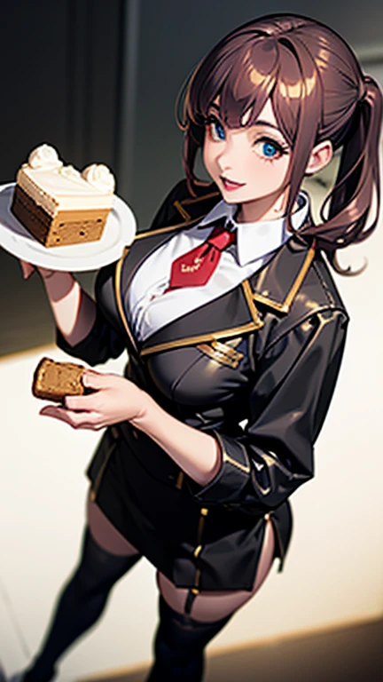 (dynamic angle:1.3, front view:1.1, breast focus:1.3, from above:1.1), (dynamic posing:1.2, sexy posing:1.2), (seductive smiling:1.3), ((looking at cake,Taking a cake out of the golden oven, worried about the outcome:1.2)),highest quality、(real、photorealistic:1.4),(ultra high resolution, 8K RAW photo, clear focus), best qualtiy, natural lighting, field depth, (Bright pupils, detailed beautiful eyes, high detailed face), Red lip, (tight focus:1.2), a girl 22yo old, Wearing a pastry chef uniform:1.3 , Thicc, thin breast, long hair, blue eyes,garter stocking, cleavage:1.2, midriff, black shorts, black thighhighs, thigh strap, pretty girl, (highly detailed beautiful face and eyes,firm breasts),real skin,((black,hair,long pony tail hair)),thin pubic hair,cute,lovely, detailed eyes,(double breasted:1.0,under bust:1.0),(with sparkling eyes and a contagious smile),open mouth, Looking at Viewer,A scene of cooking in the kitchen,looking at the golden oven
