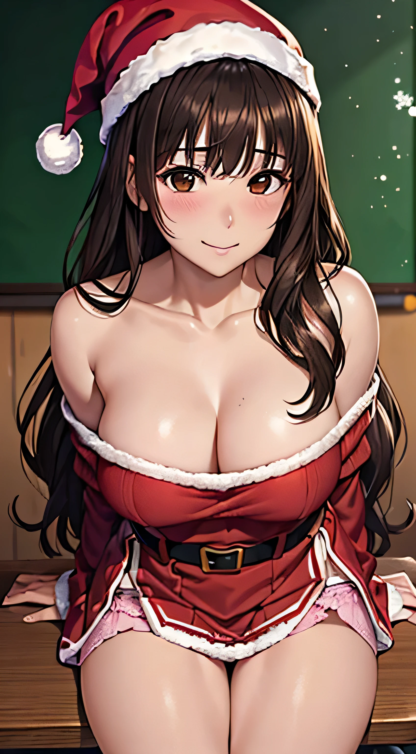 ((Tabletop, highest quality, High resolution, , Pixel perfect, 4K,))), 1 female teacher, single, alone, beauty、The whole body is visible、 ((Long Wavy Hair, bangs, Brown Hair)), ((Brown eyes, Beautiful eyelashes, Realistic eyes)), ((Detailed face, Blushing:1.2)), ((Smooth texture:0.75, Realistic texture:0.65, Realistic:1.1, Anime CG Style)),Medium sized breasts Dynamic angle, Perfect body, (( , , Santa Claus Cosplay Hat、 Santa Claus cosplay off-shoulder sweater,、Santa Claus cosplay long flare skirt、pink floral lace panties、))、, Looking up、Sit on a desk、Very embarrassing panic smile, 、、classroom、、、、No bra、 、Angle from below)、