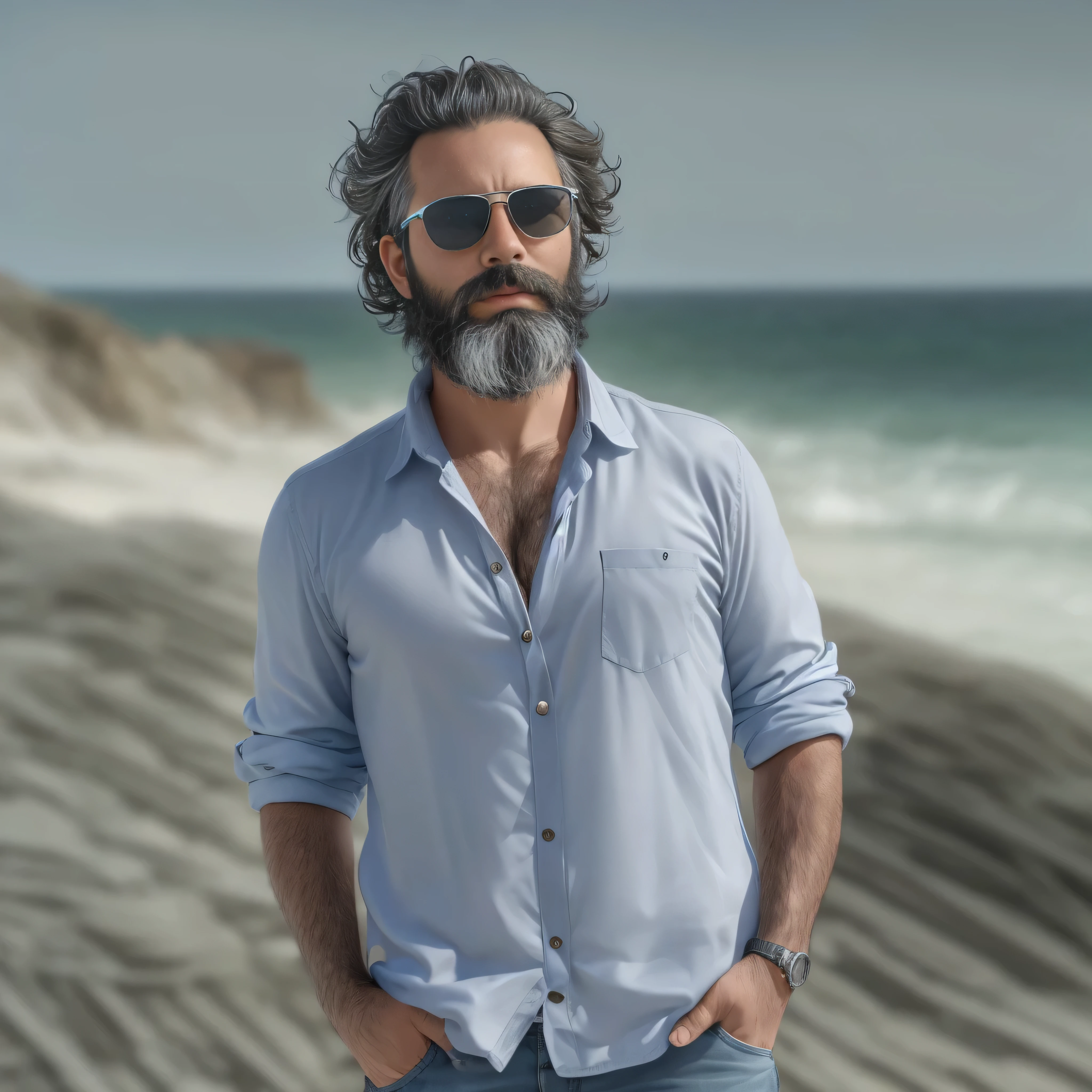 Create an image of a 38-year-old man with a beard and lots of chest hair.. he wears sunglasses. The man should have a confident and relaxed expression.. La escena es una playa soleada con cielos azules claros., Arena blanca y suave, y suaves olas al fondo. The man is standing near the coast with the ocean behind him.. He is dressed in casual beach clothes., like swimsuits and flip flops. The image must be of the highest quality., con piel texturizada y detalles realistas.